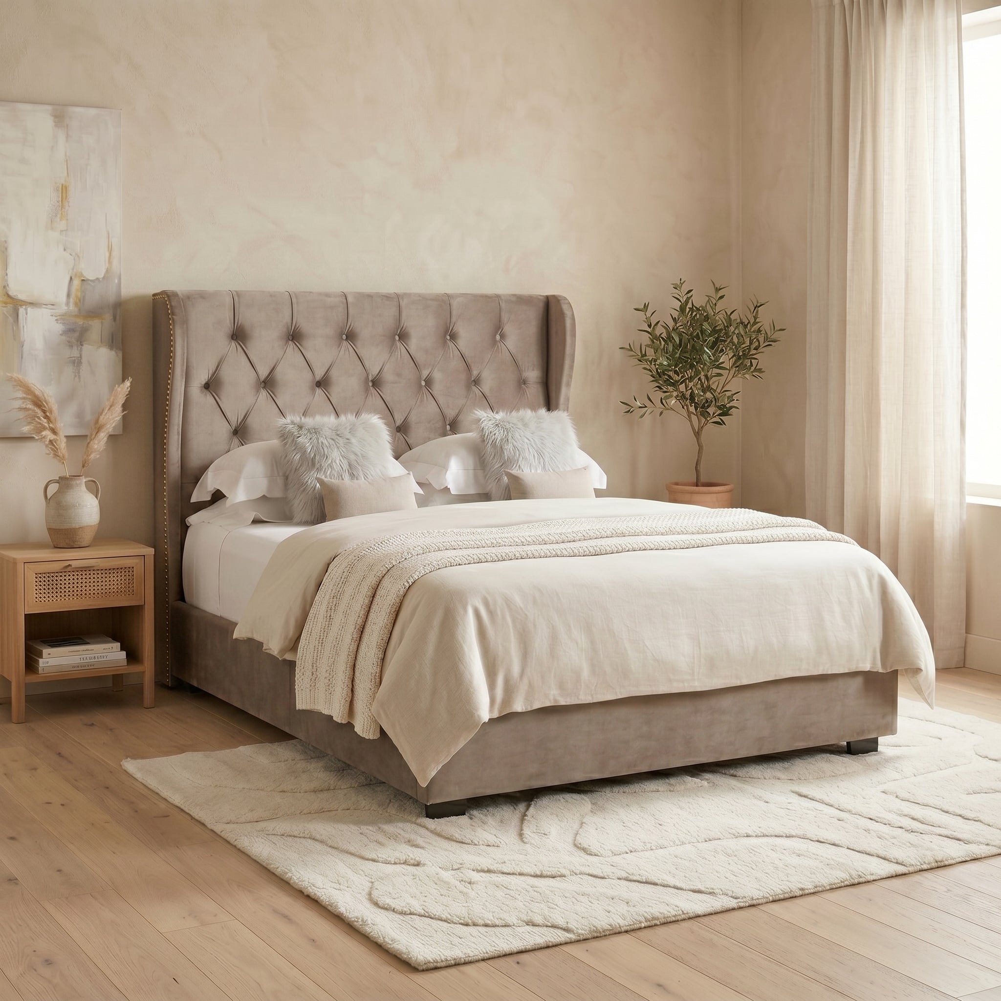 Ottoman Bed Frame with Diamante Wingback in Upholstery Pink Velvet