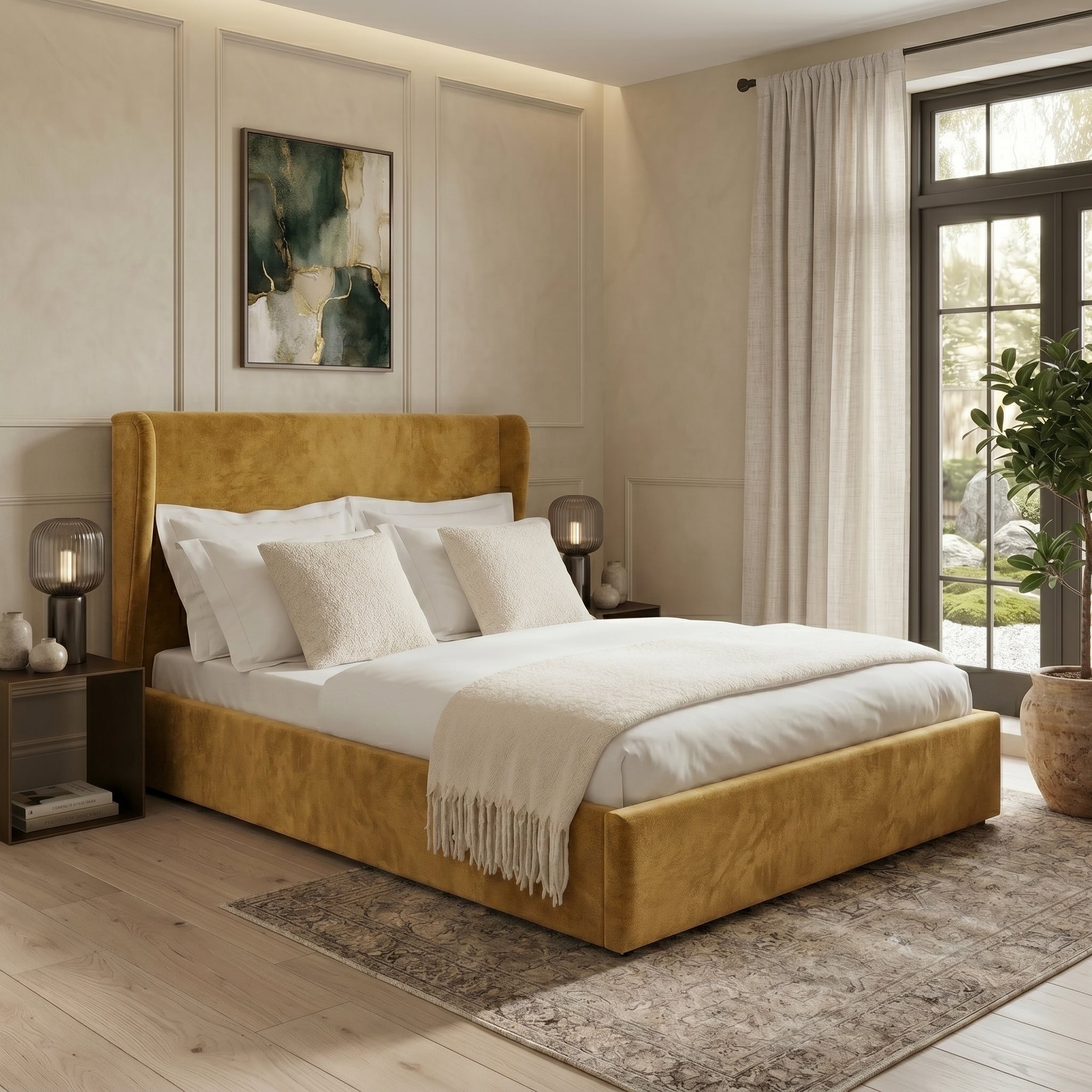 Plain Wingback Bed with Ottoman Storage