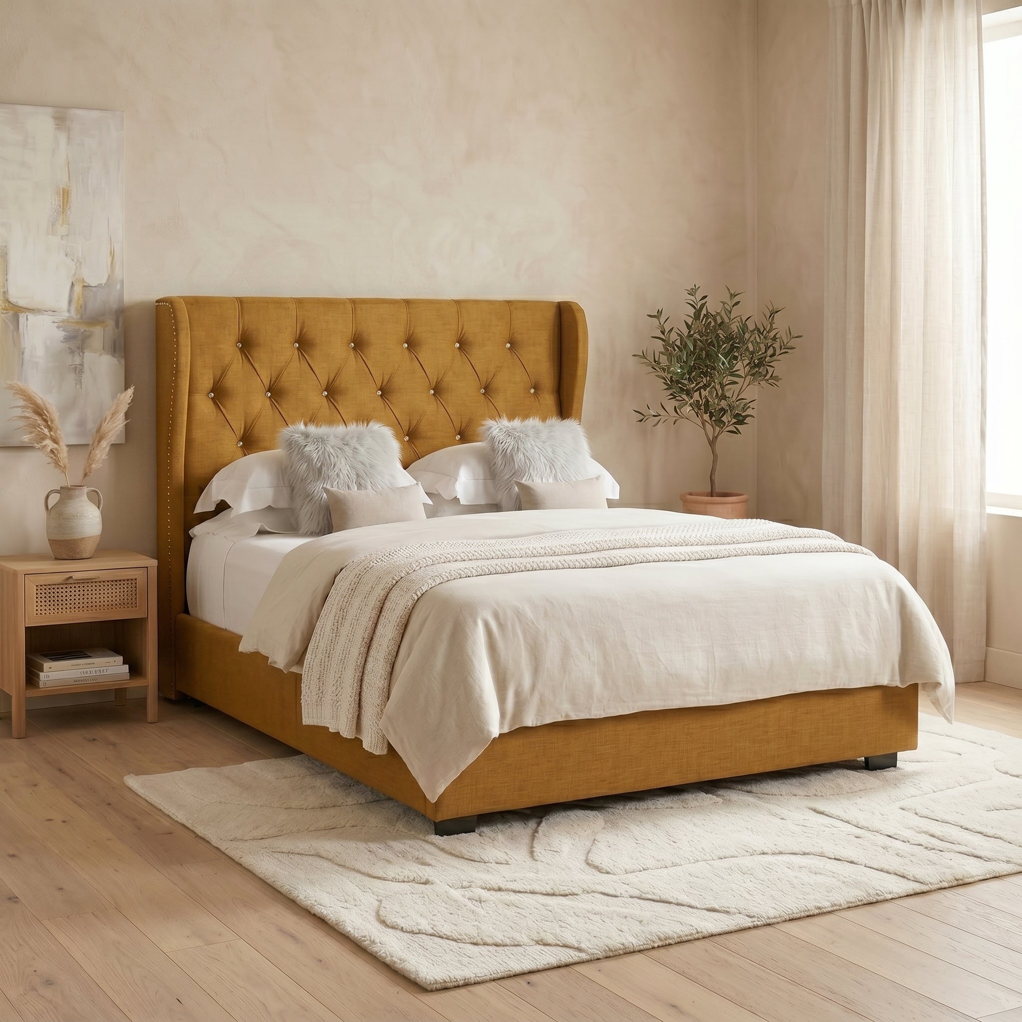 Ottoman Bed Frame with Diamante Wingback in Upholstery Pink Velvet