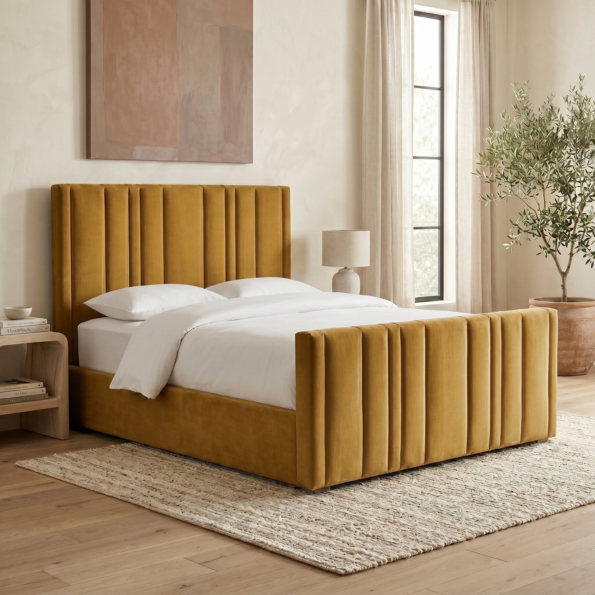 Upholstered Platform Bed with Vertical Channel Tufting