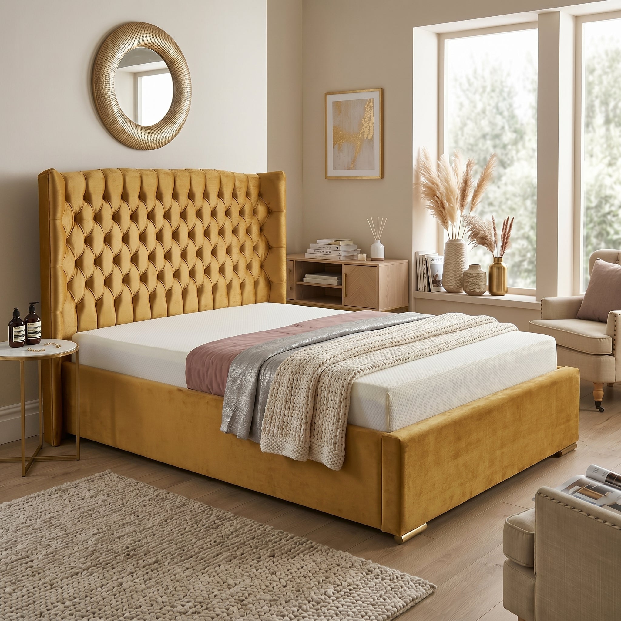 Orchid Upholstered Chesterfield Wing Bed Frame