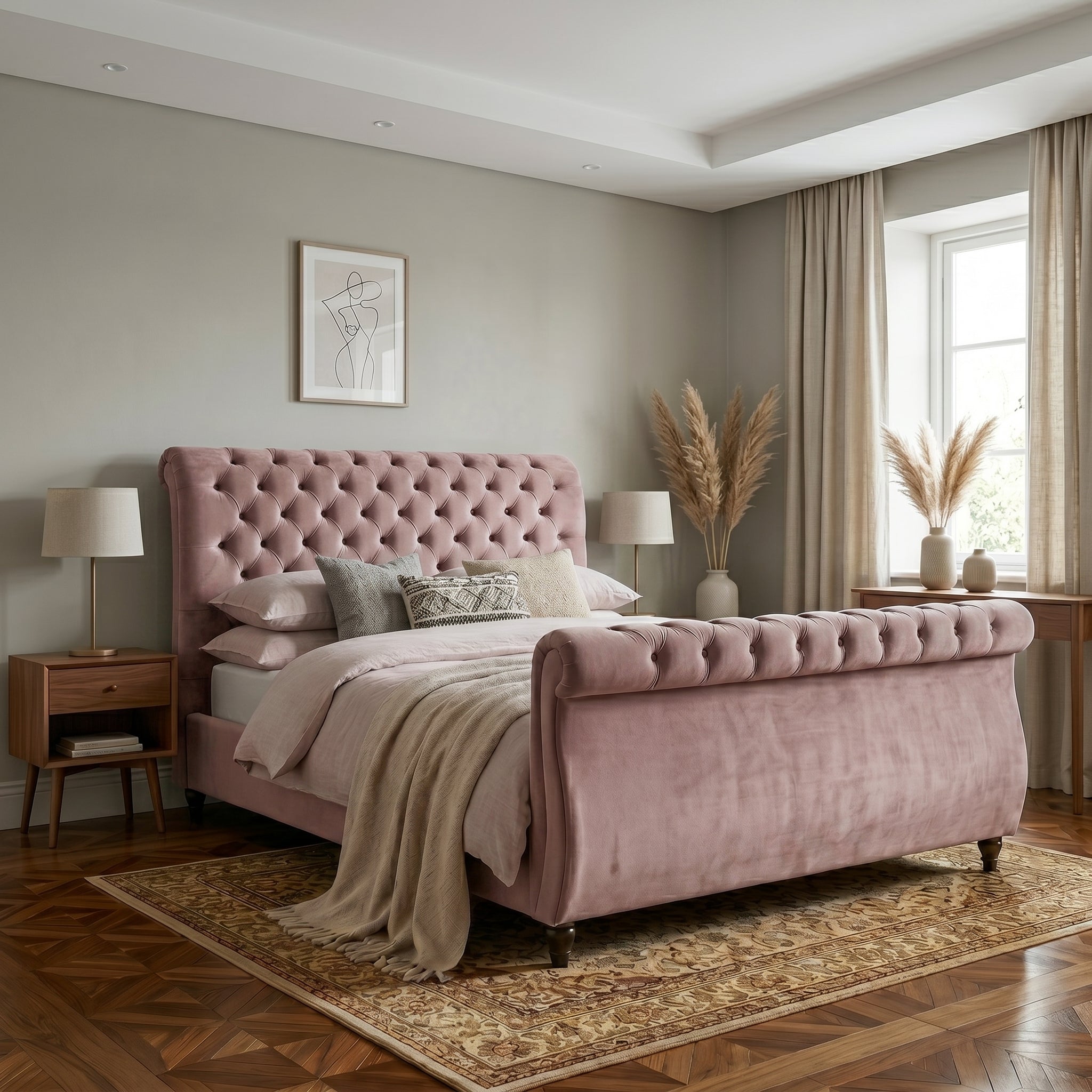 Blue Upholstered Sleigh Bed Frame