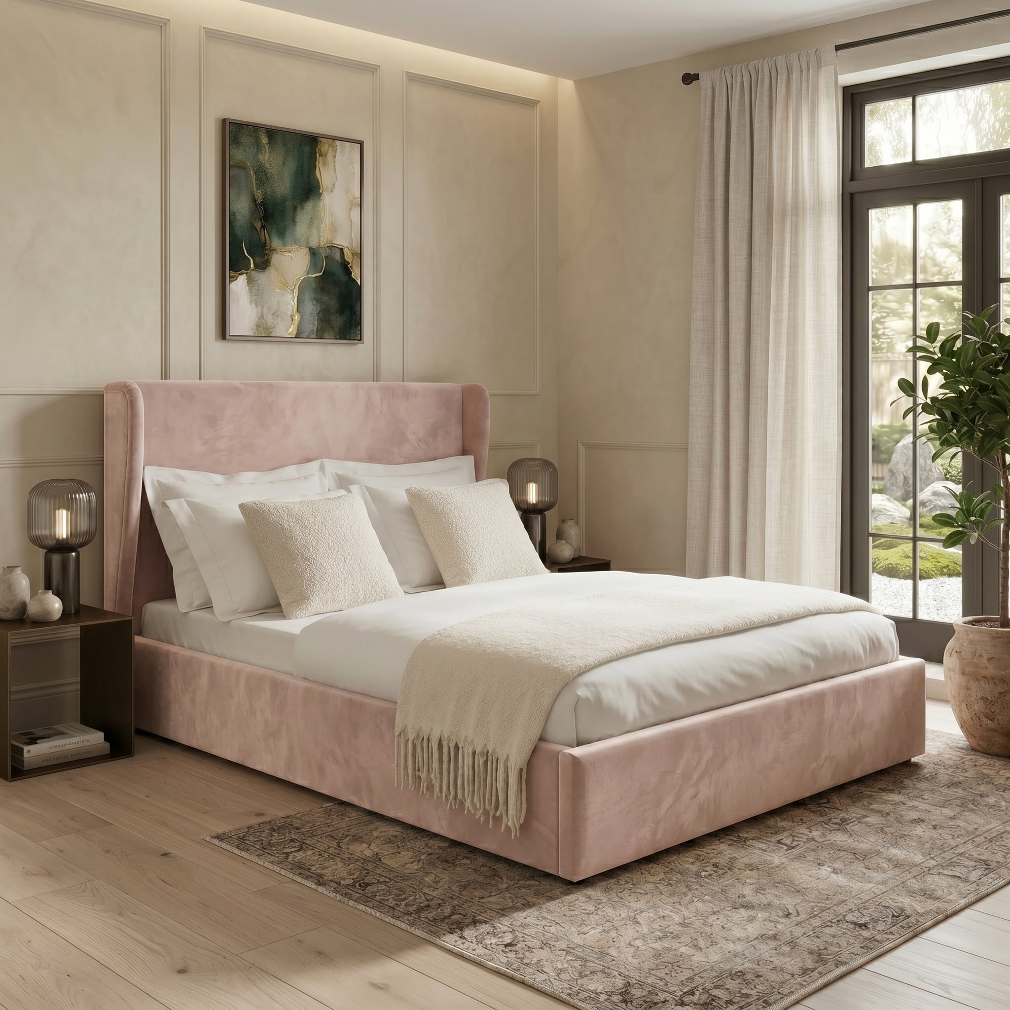 Plain Wingback Bed with Ottoman Storage