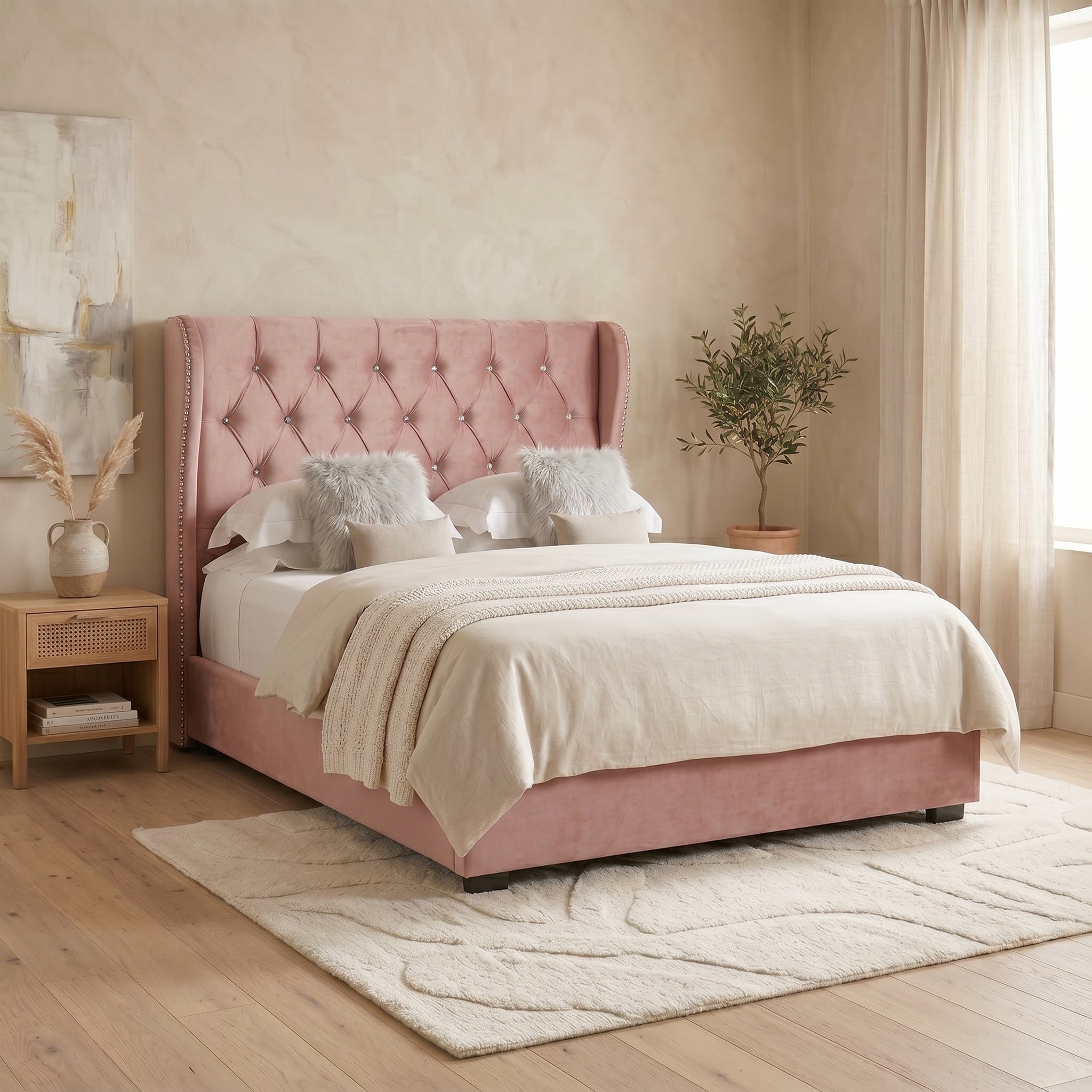 Ottoman Bed Frame with Diamante Wingback in Upholstery Pink Velvet