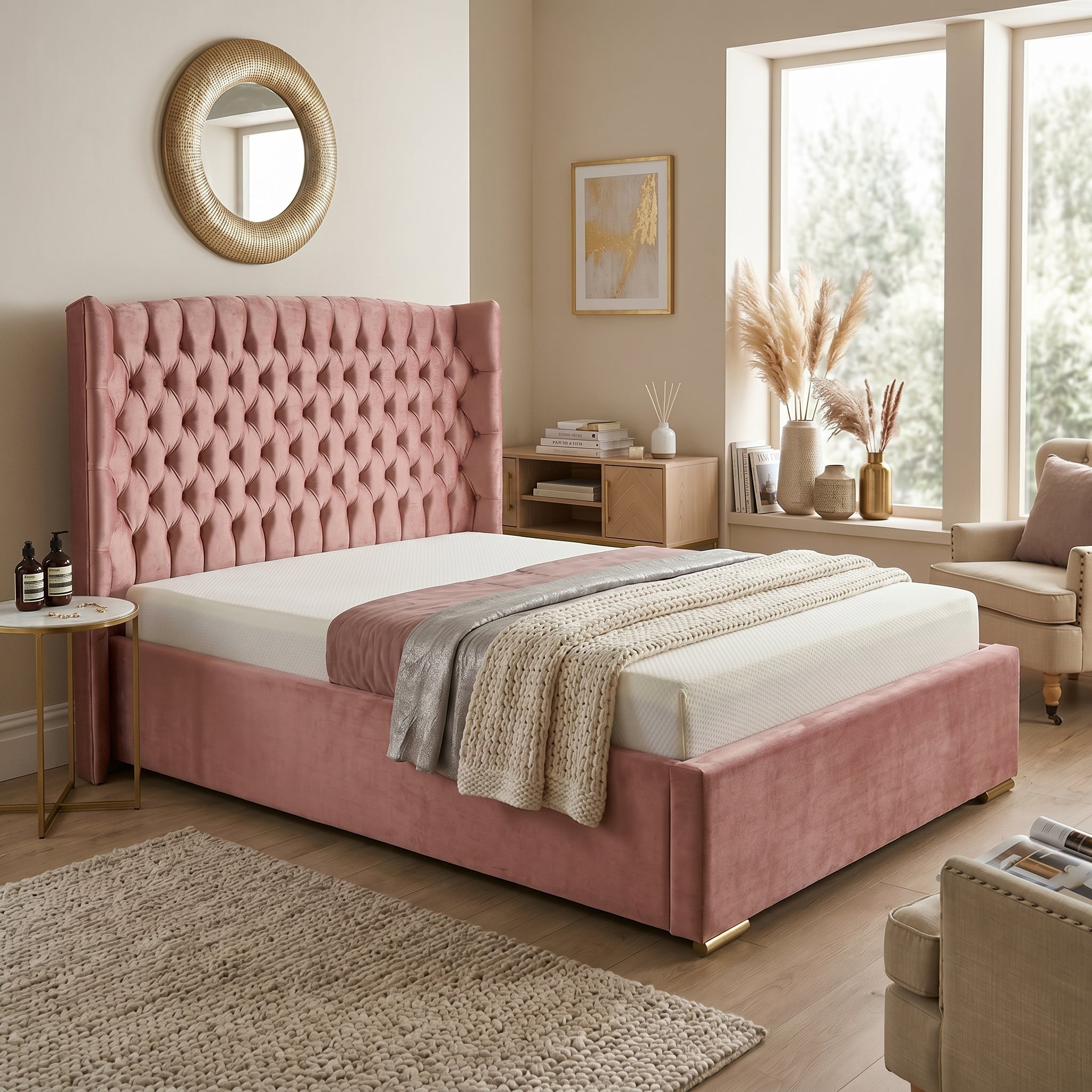 Orchid Upholstered Chesterfield Wing Bed Frame