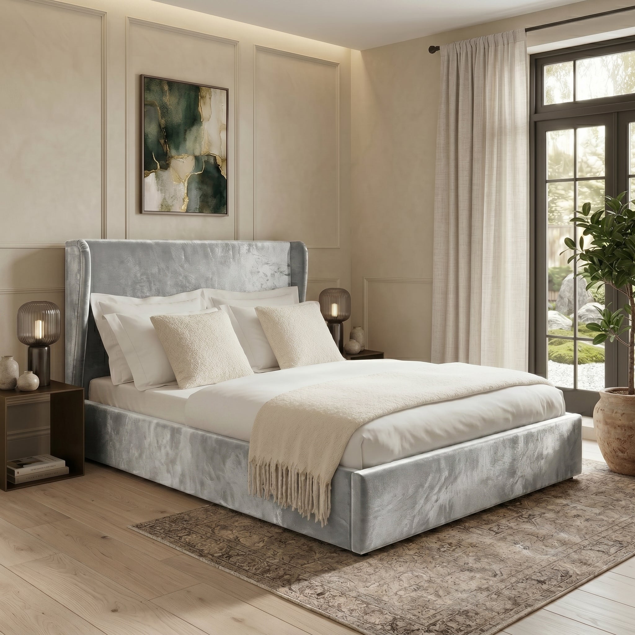 Plain Wingback Bed with Ottoman Storage