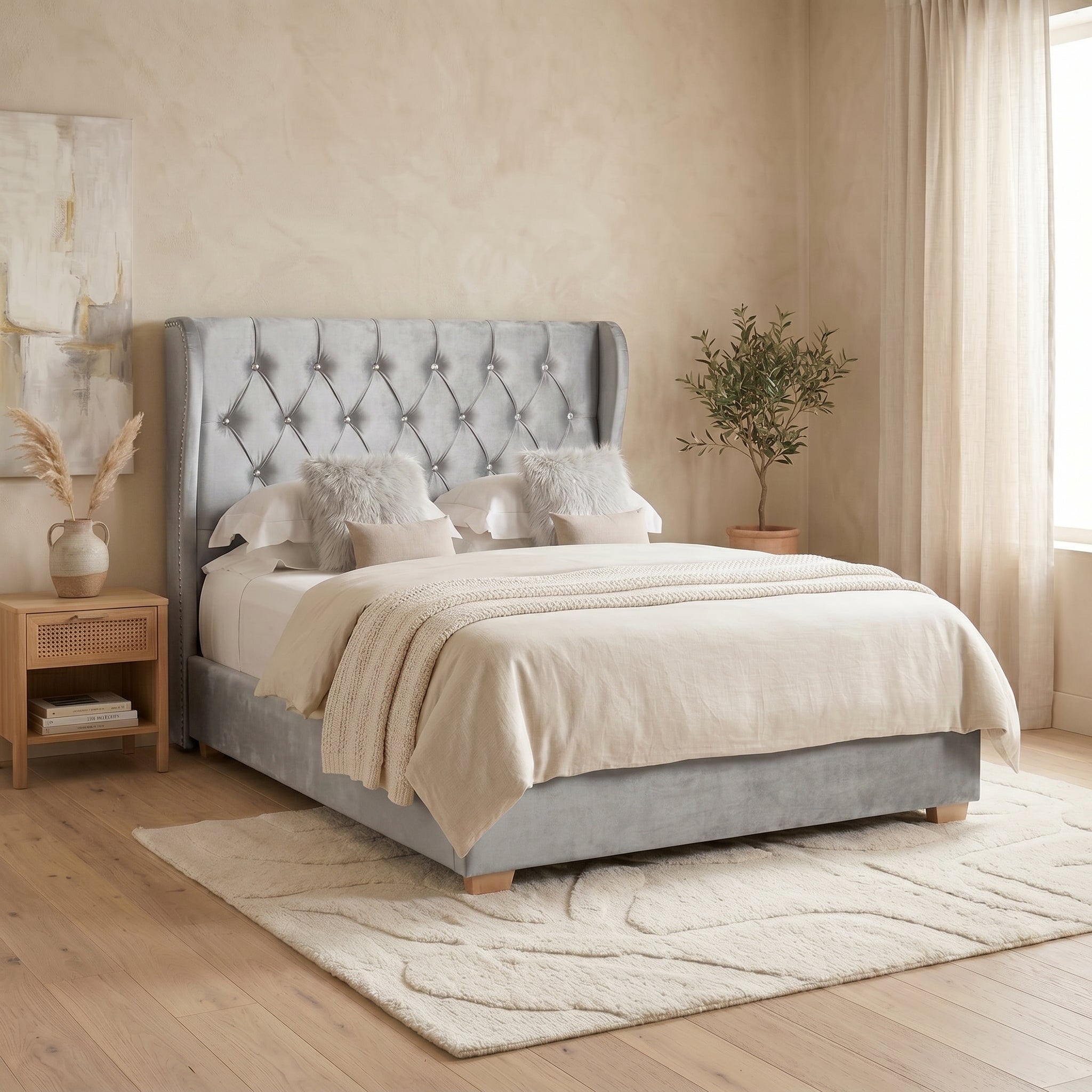 Ottoman Bed Frame with Diamante Wingback in Upholstery Pink Velvet