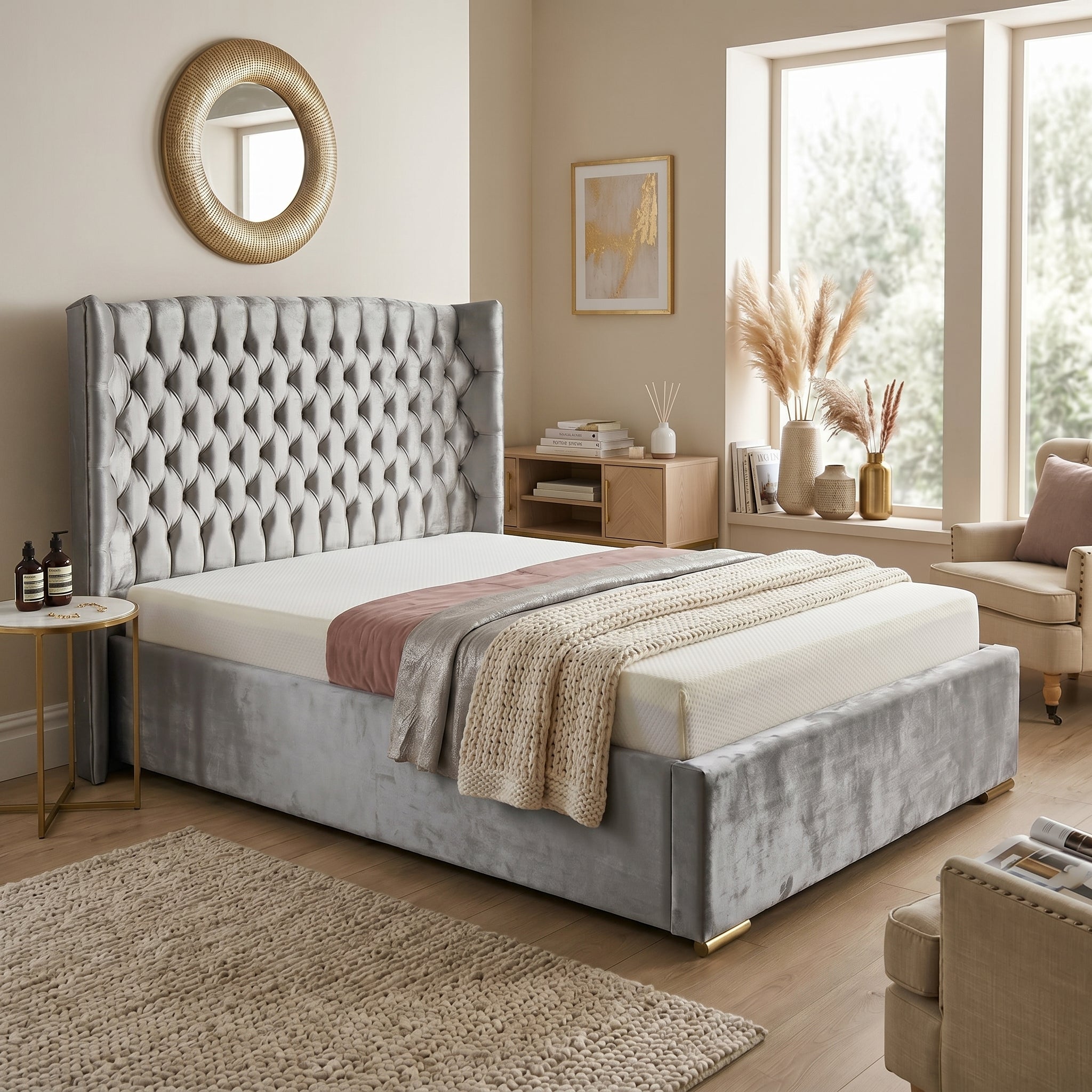 Orchid Upholstered Chesterfield Wing Bed Frame