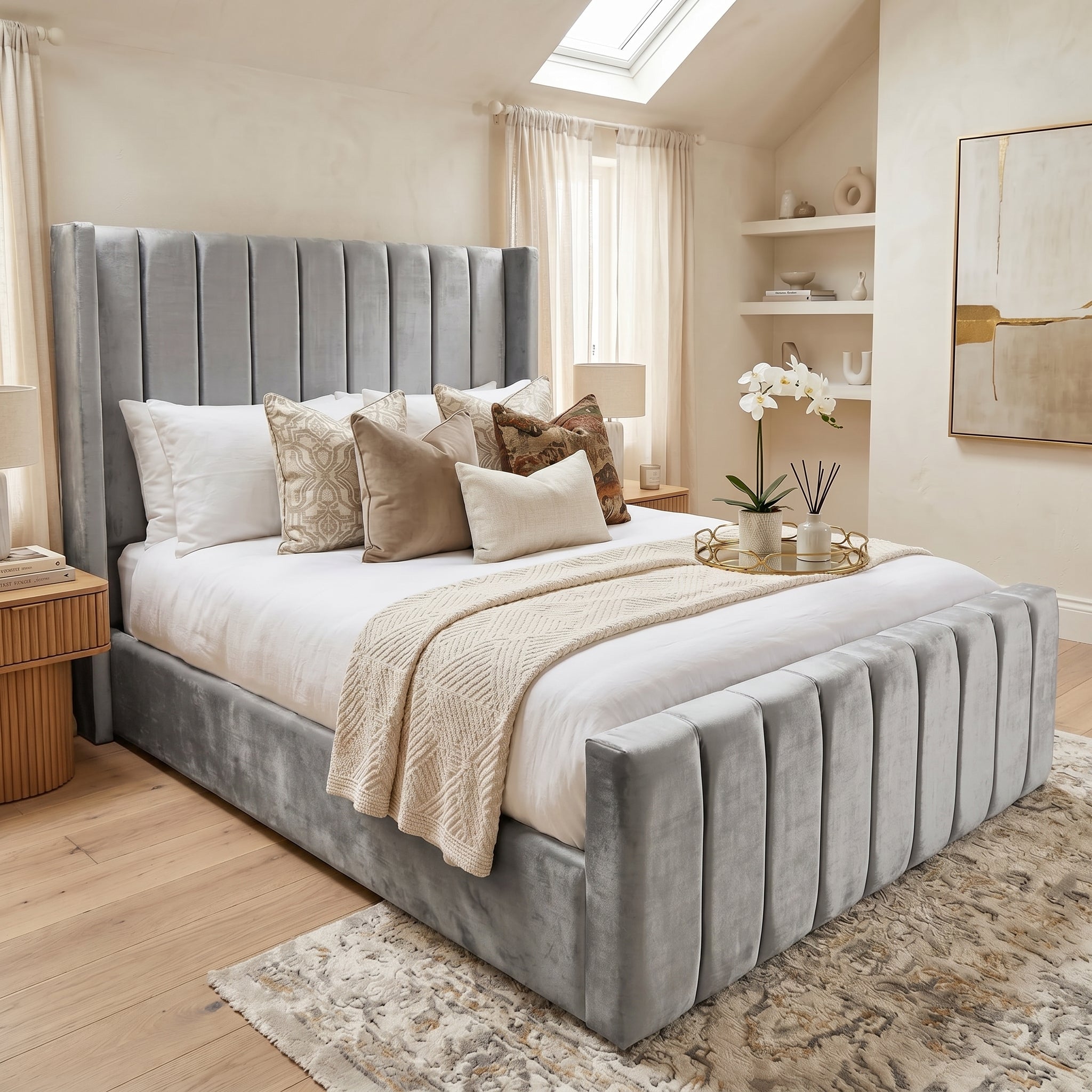 Wingback Line Panel Upholstered Bed Frame