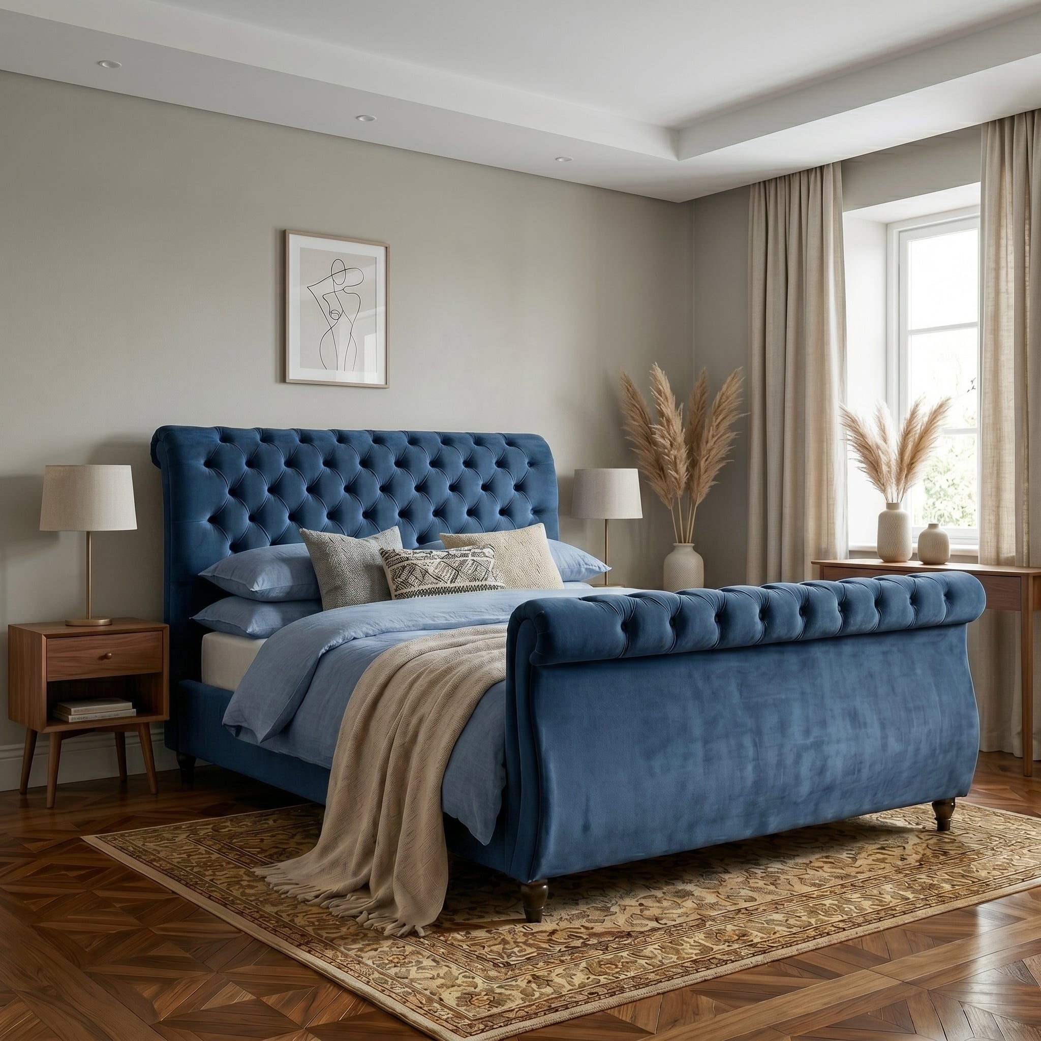 Blue Upholstered Sleigh Bed Frame