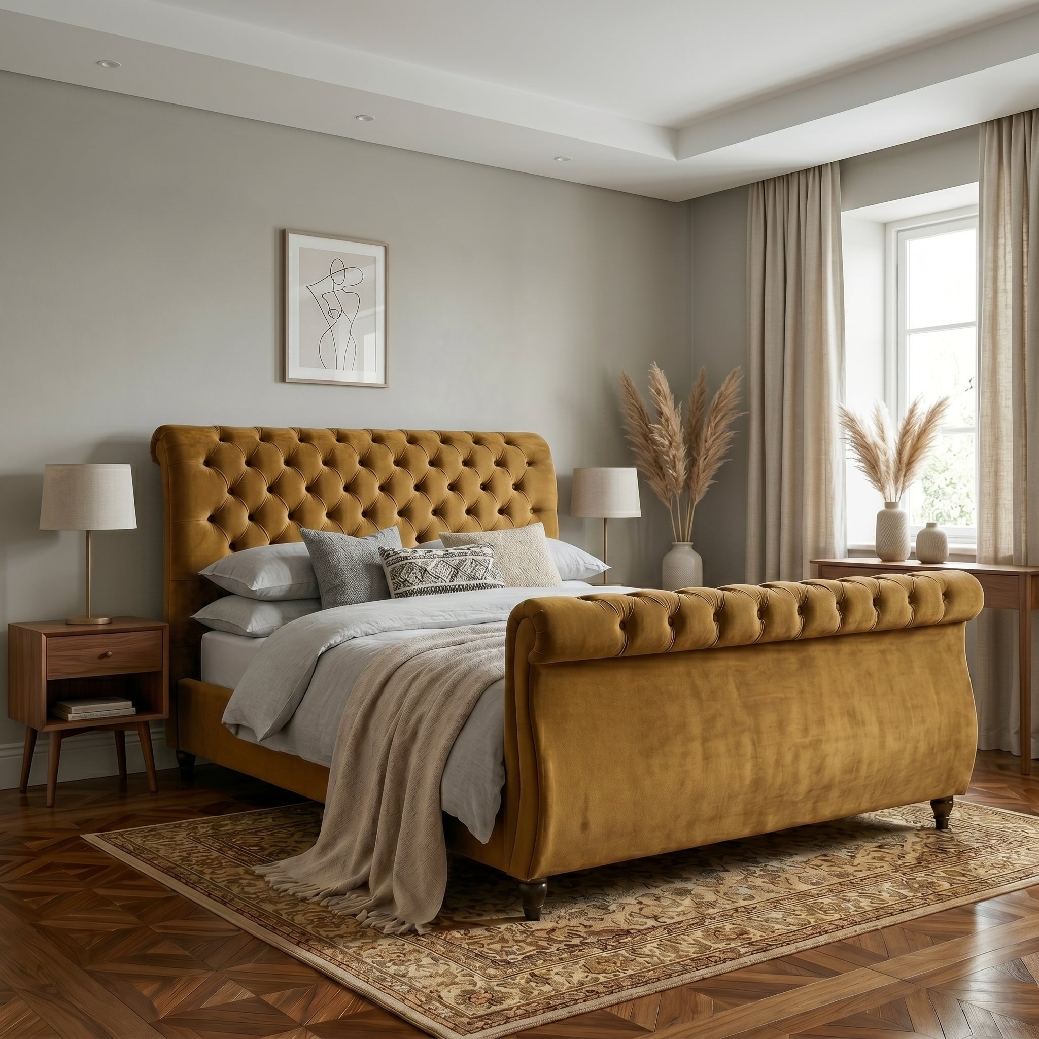 Blue Upholstered Sleigh Bed Frame