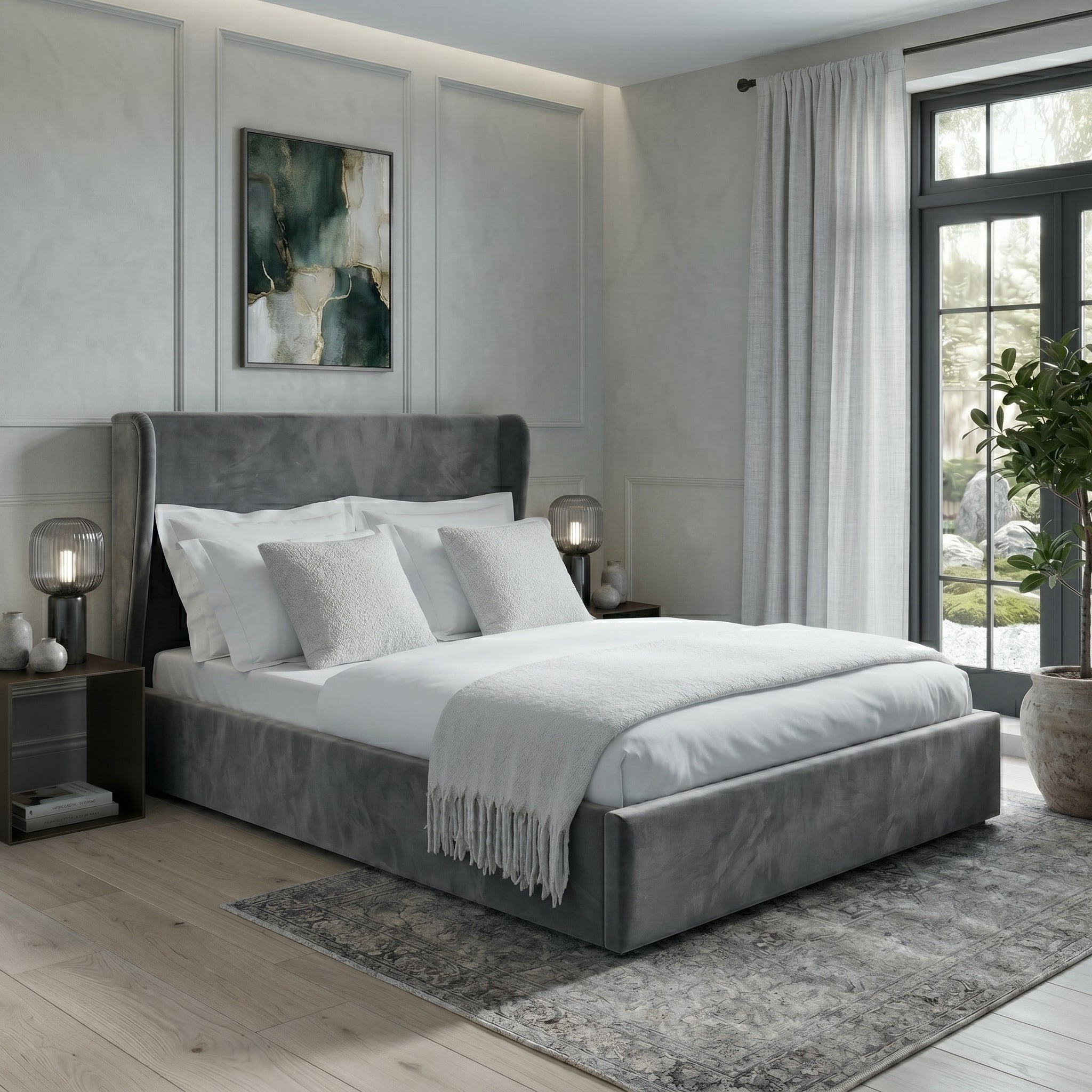 Plain Wingback Bed with Ottoman Storage