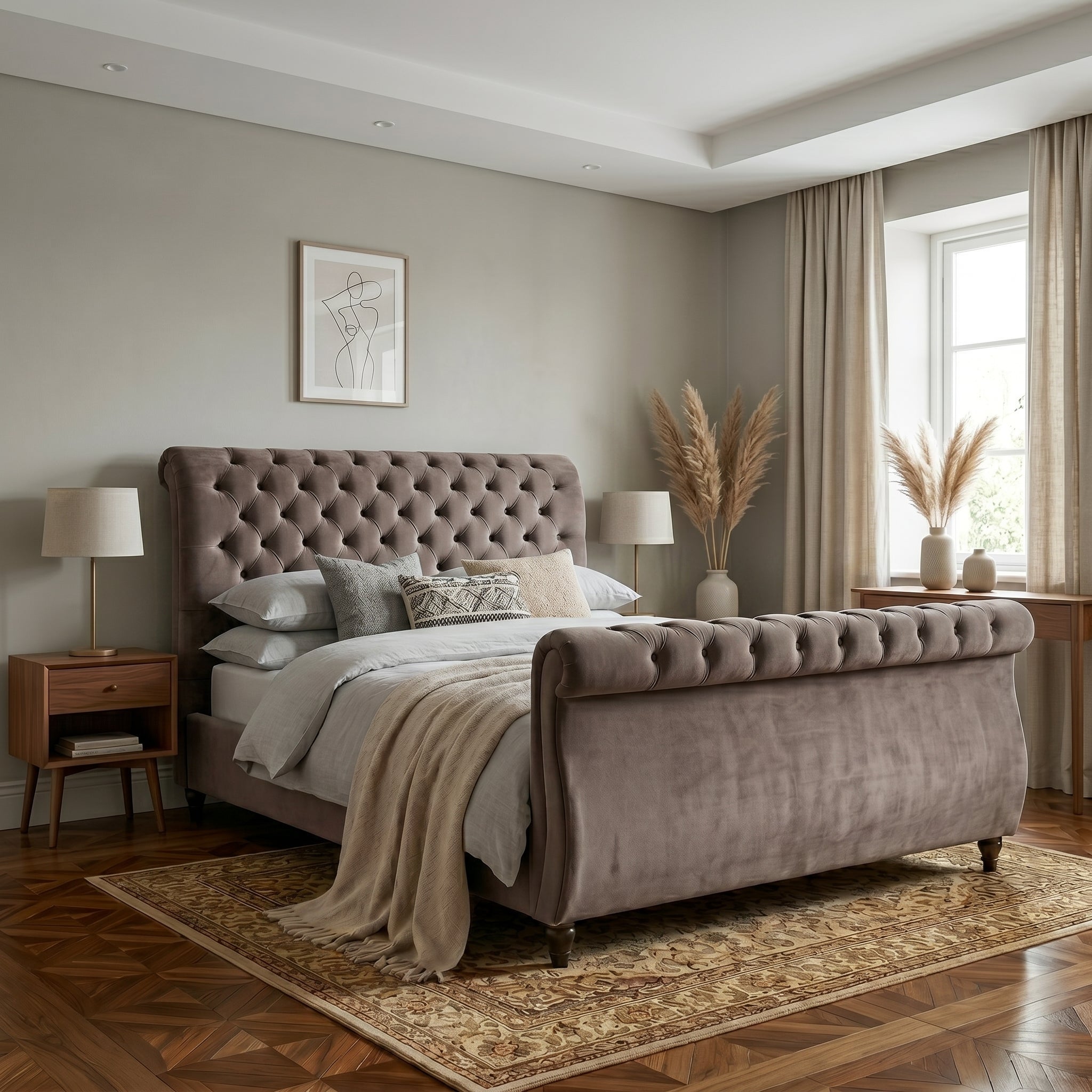 Blue Upholstered Sleigh Bed Frame