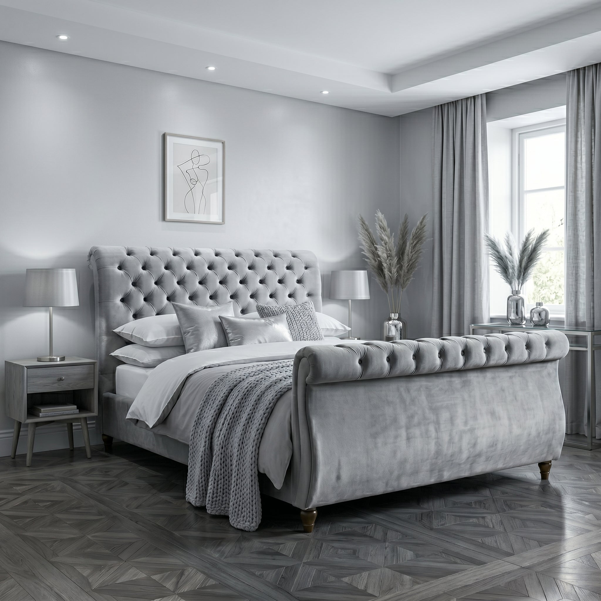 Blue Upholstered Sleigh Bed Frame