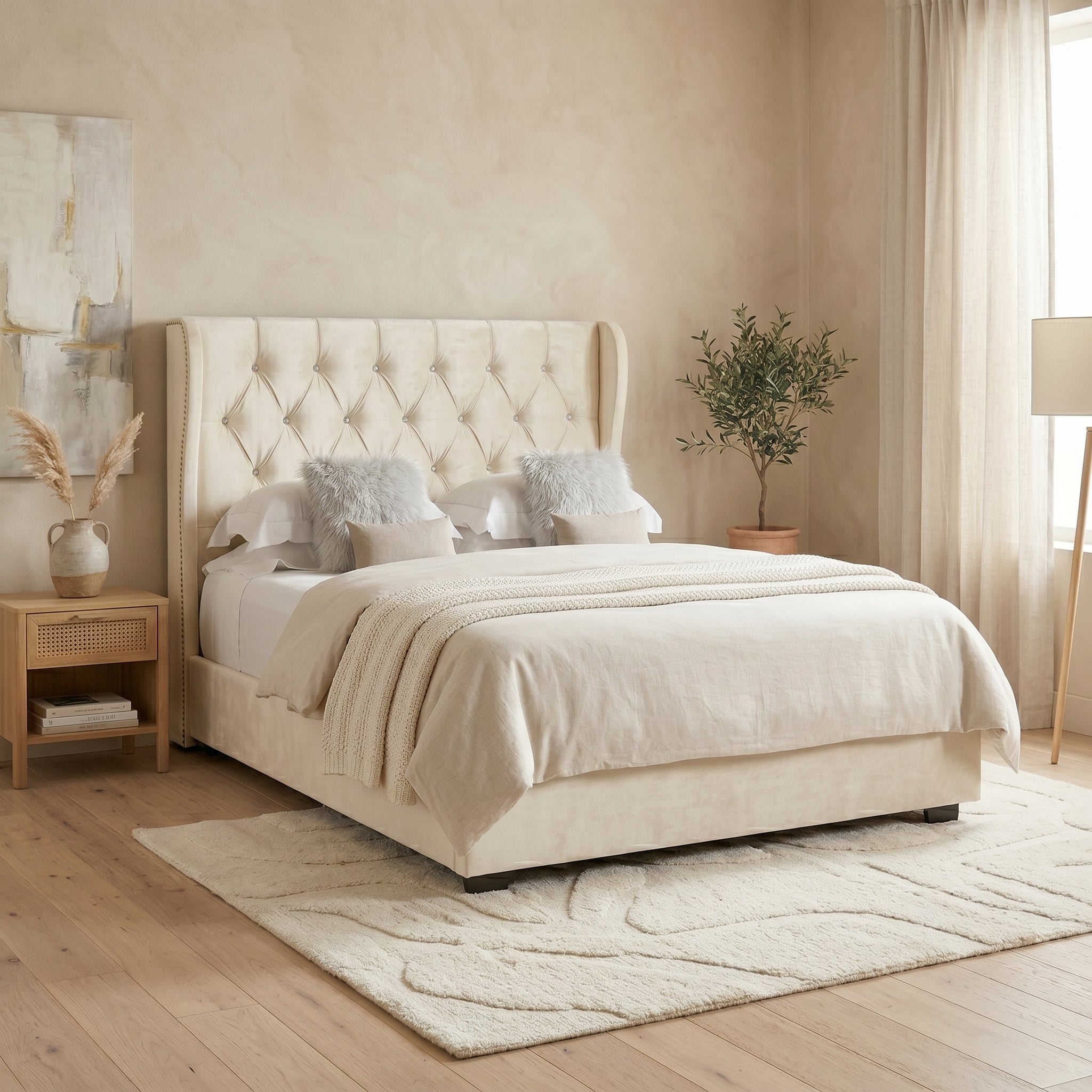Ottoman Bed Frame with Diamante Wingback in Upholstery Pink Velvet