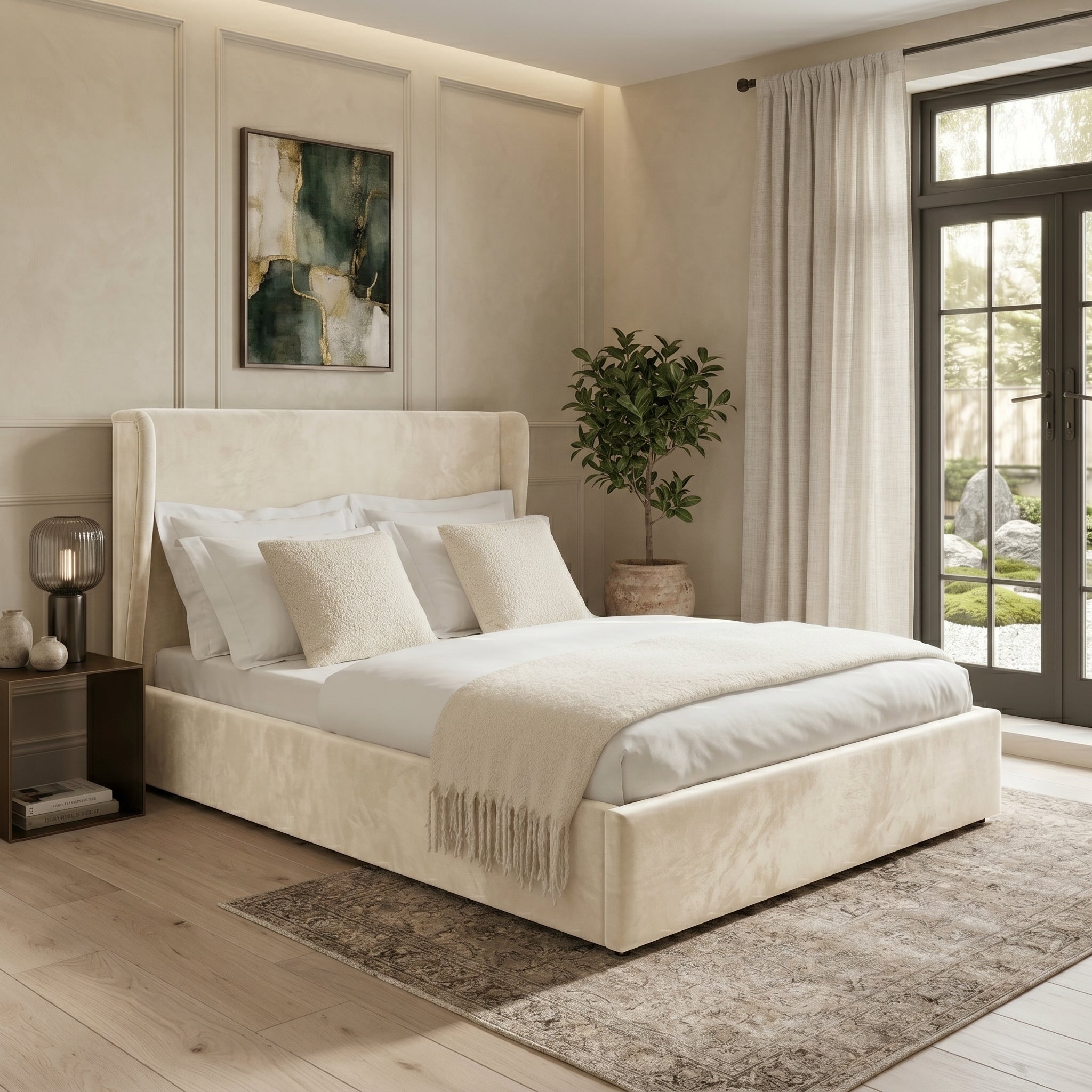 Plain Wingback Bed with Ottoman Storage