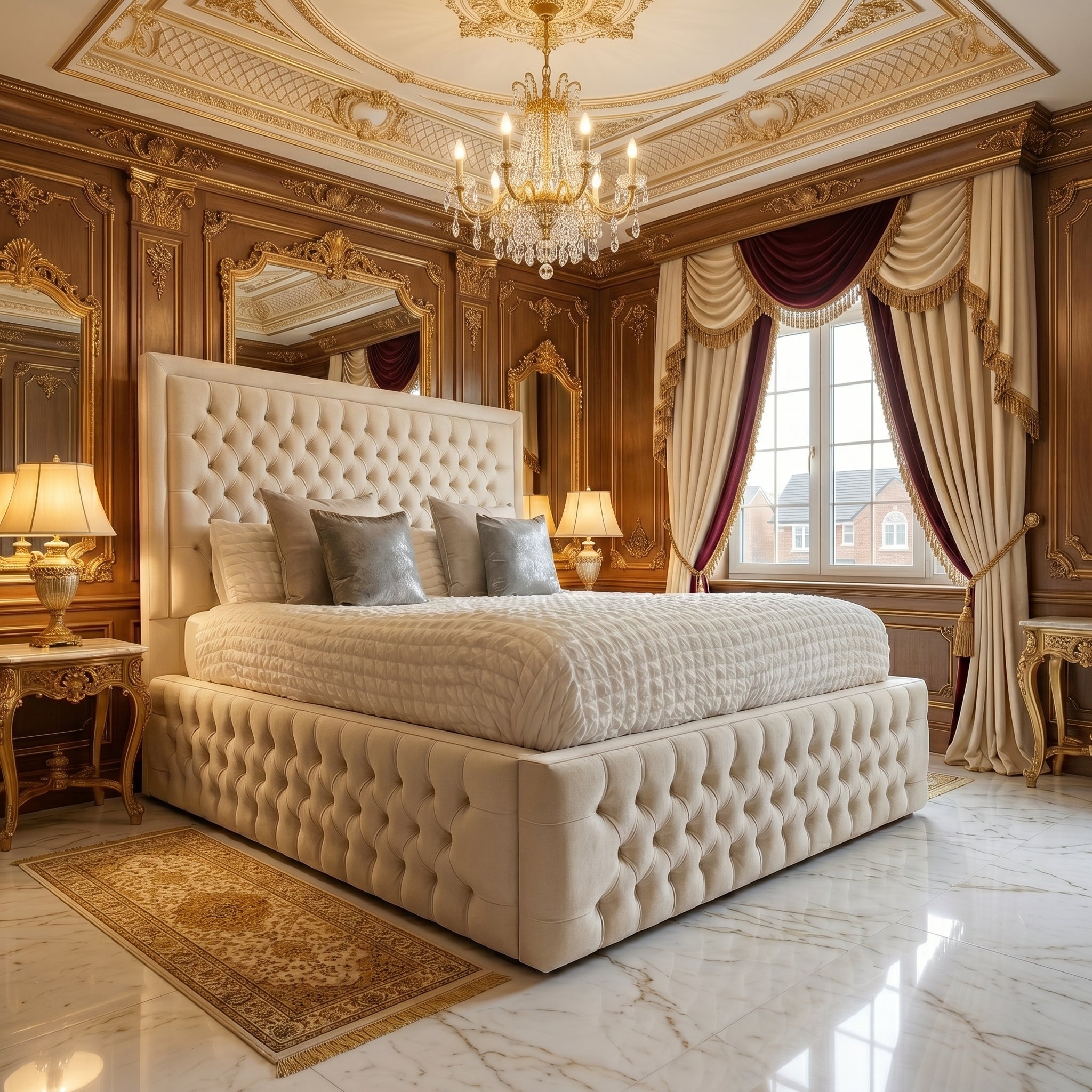 Luxurious Tufted High Headboard Ottoman Bed Frame