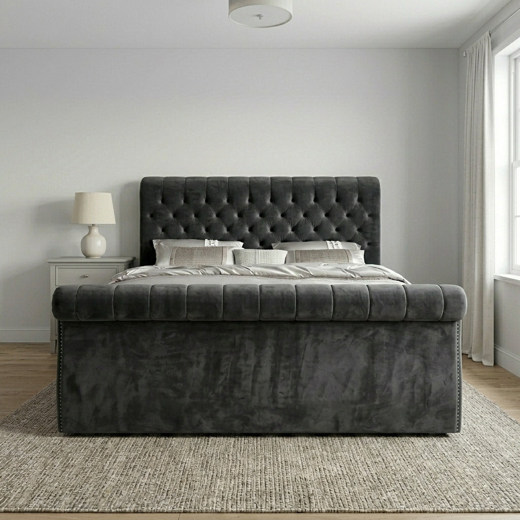 Sleigh Upholstered Grey Bed Frame