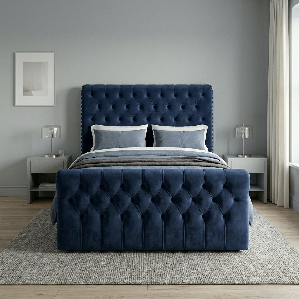 Luxurious Blue Velvet Tufted Bed Frame
