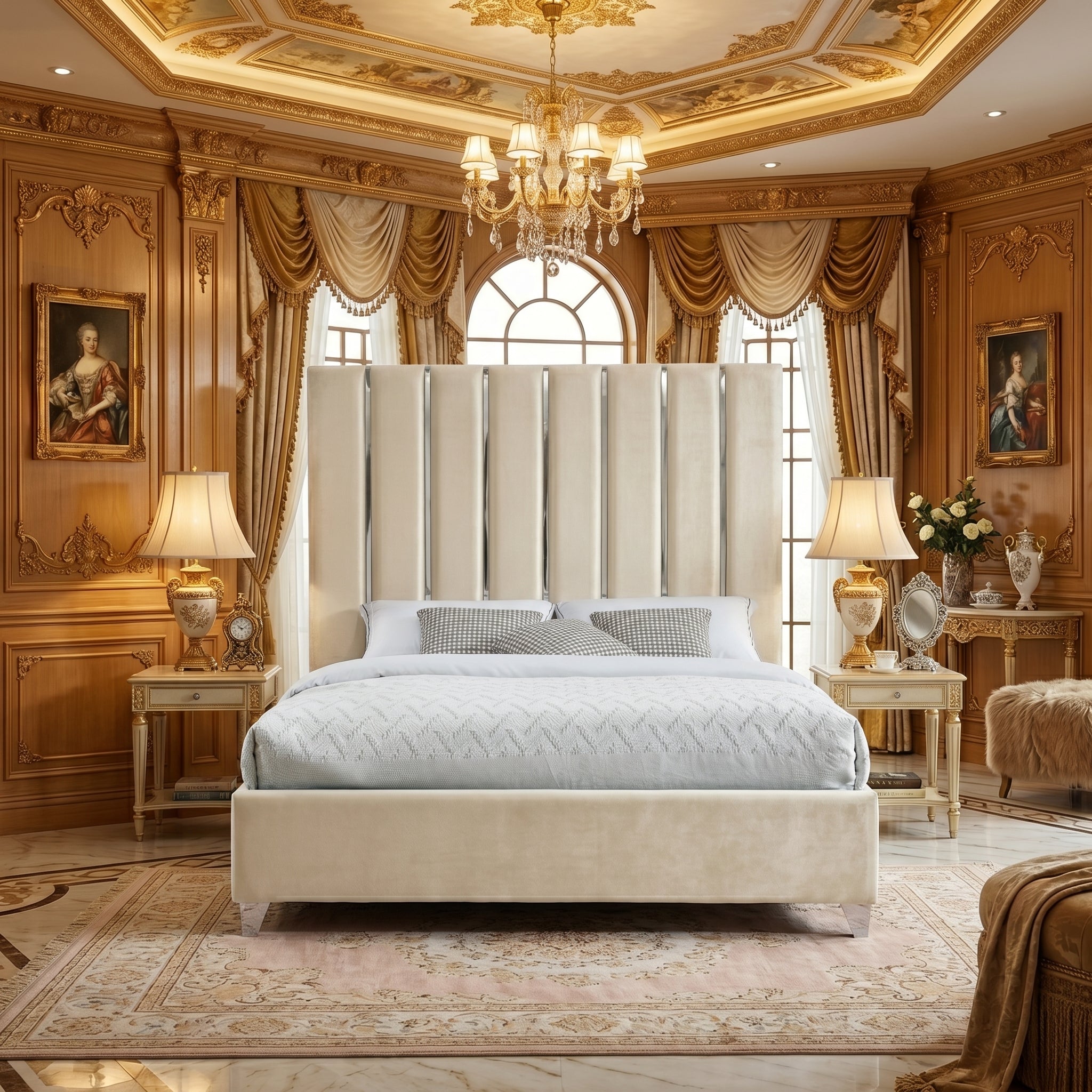 Silver Strip Velvet Upholstered Platform Bed