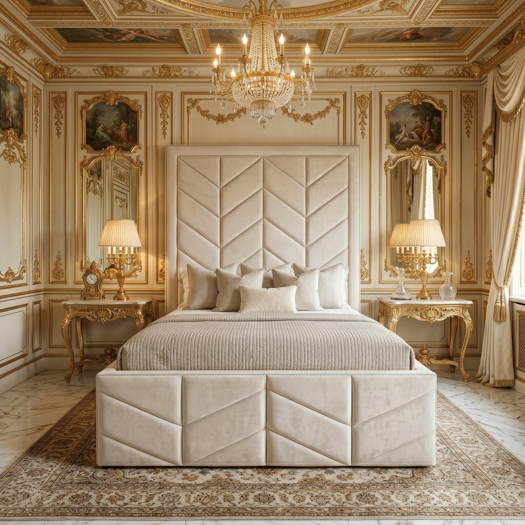 Tall Headboard Bed | Upholstered Tufted Leaf Design