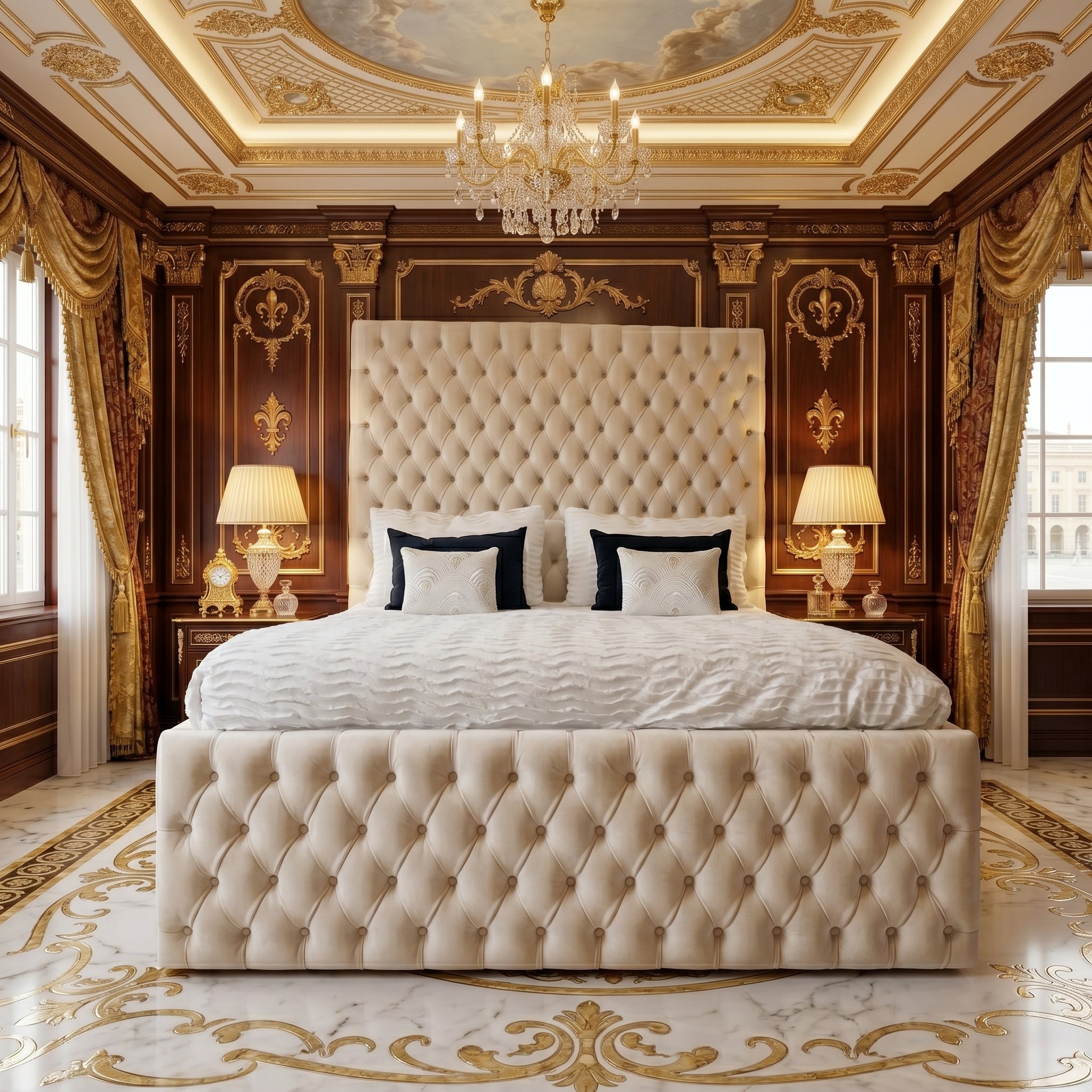 Chesterfield Sleigh Tall Bed Frame Upholstered Ottoman Bed Frame