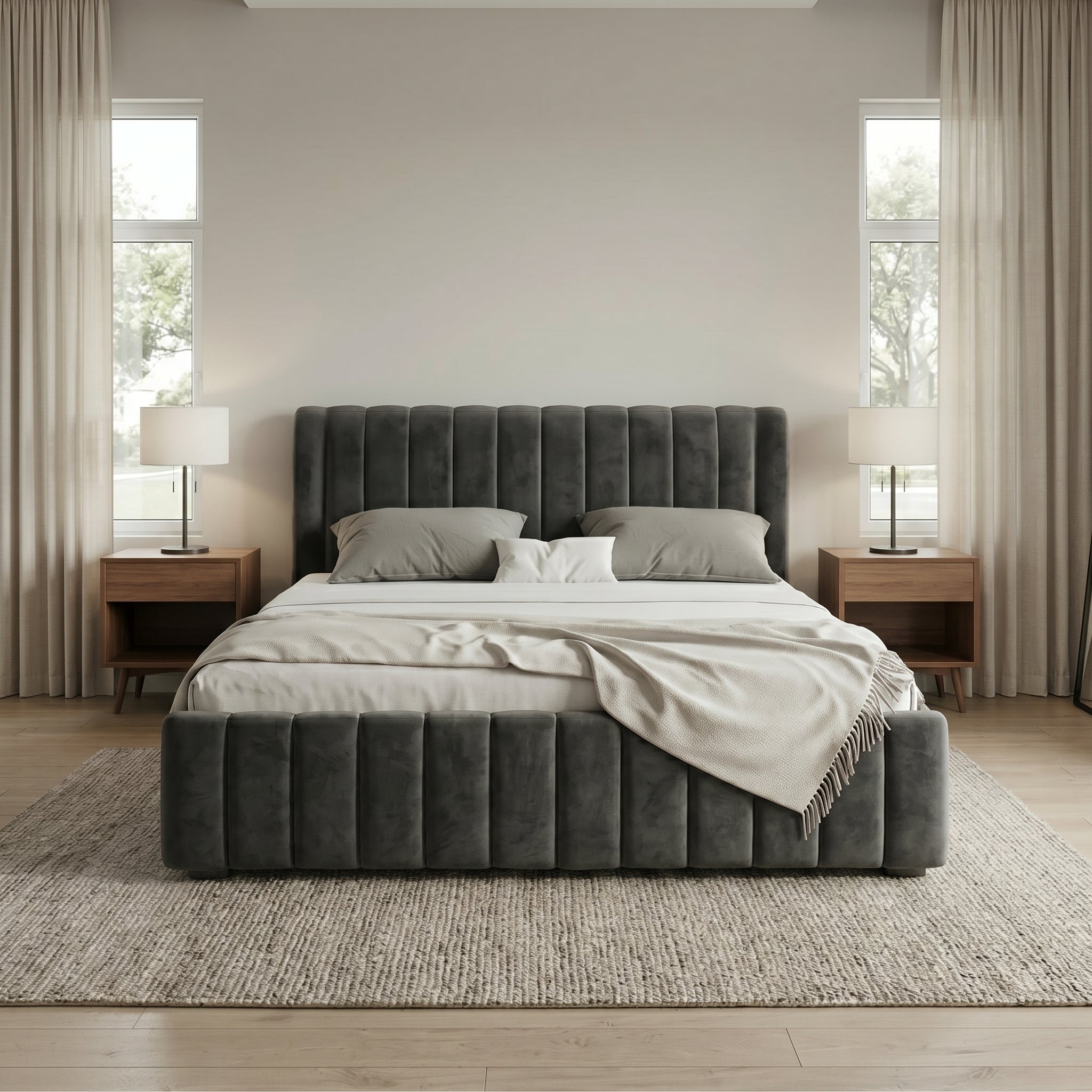 Modern Luxurious Upholstered Bed with Velvet Texture