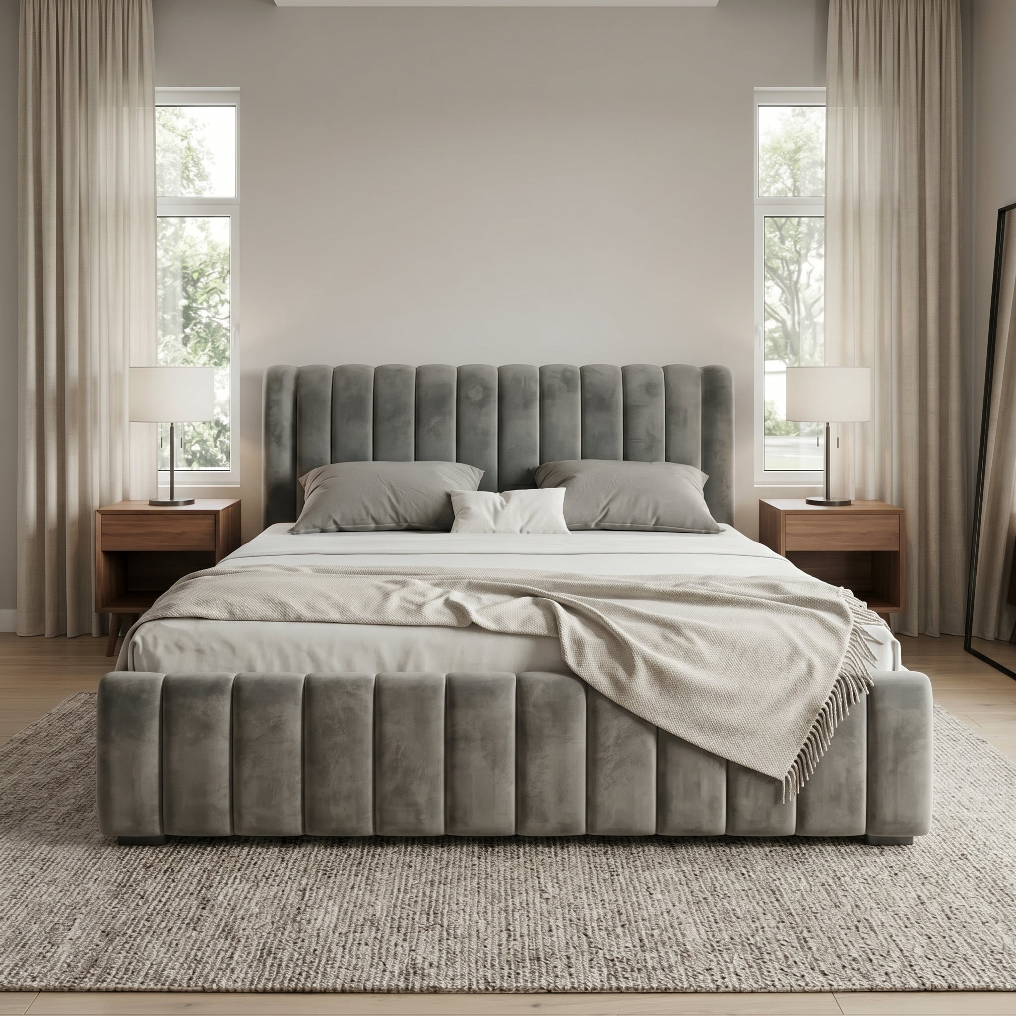 Modern Luxurious Upholstered Bed with Velvet Texture