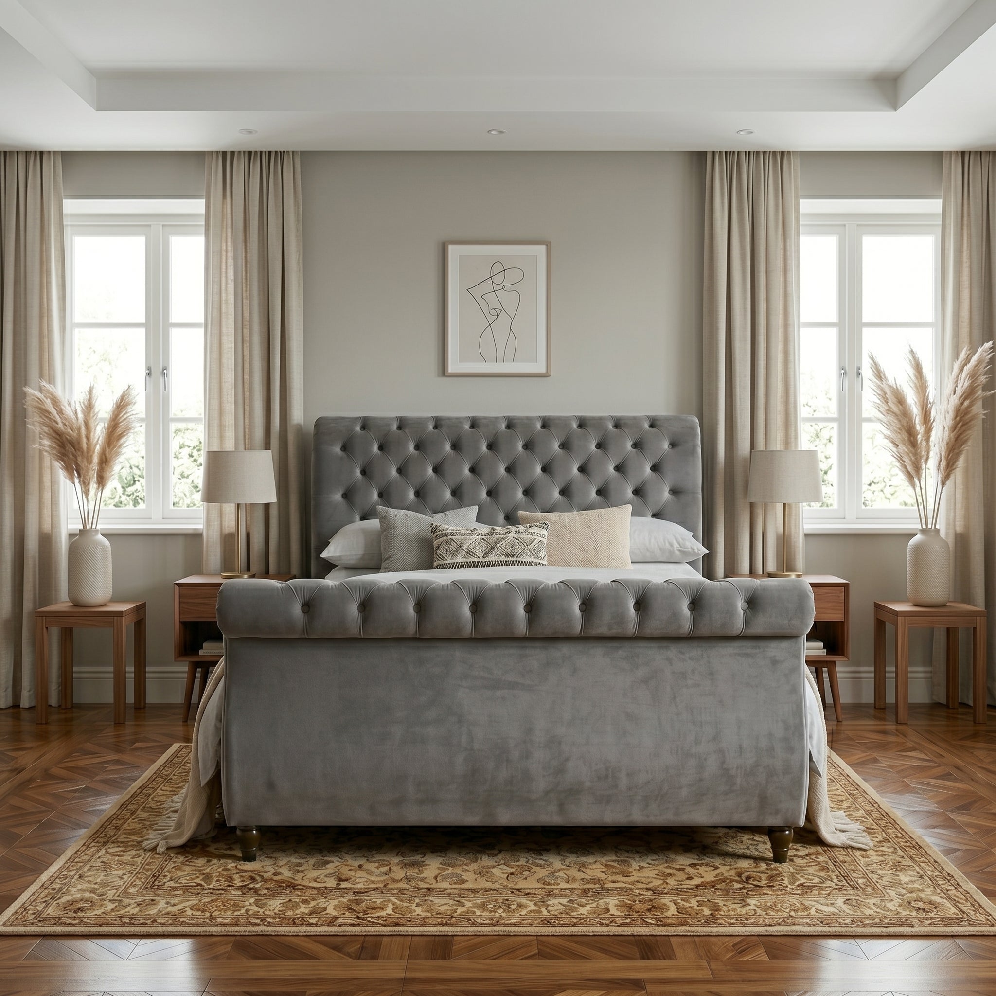 Blue Upholstered Sleigh Bed Frame