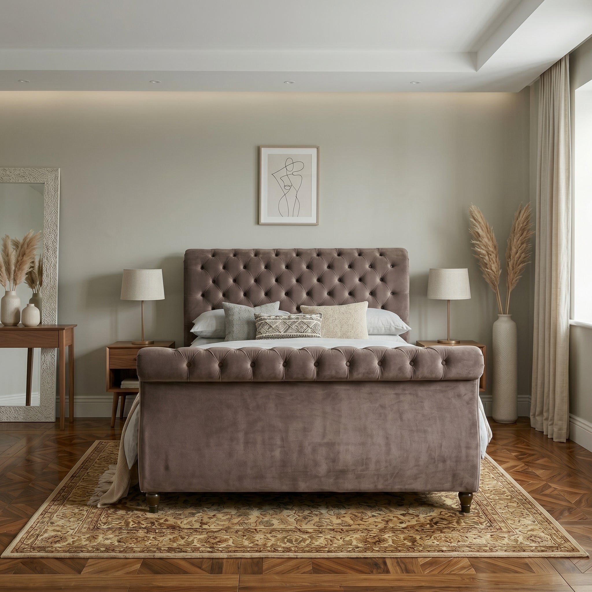 Blue Upholstered Sleigh Bed Frame