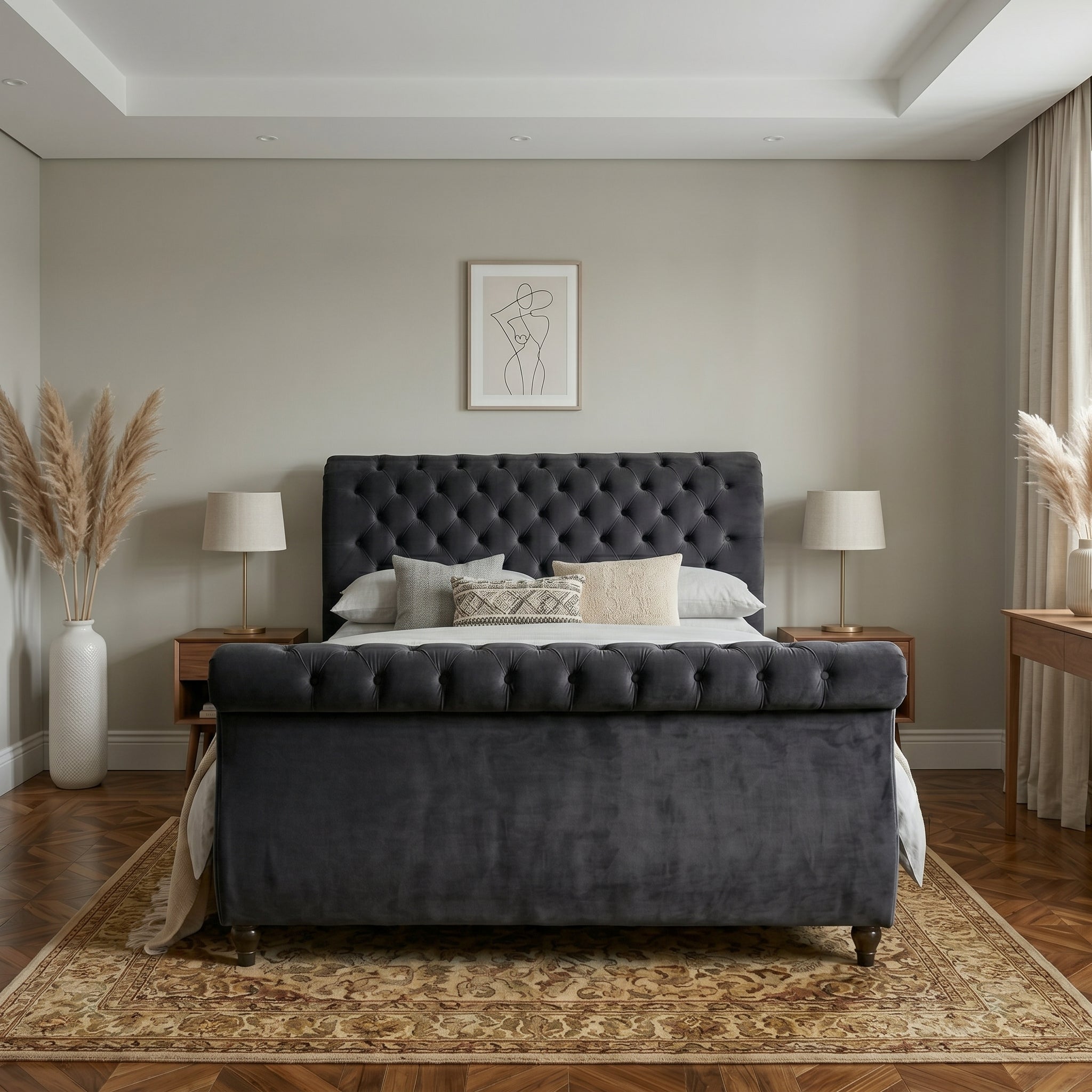 Blue Upholstered Sleigh Bed Frame