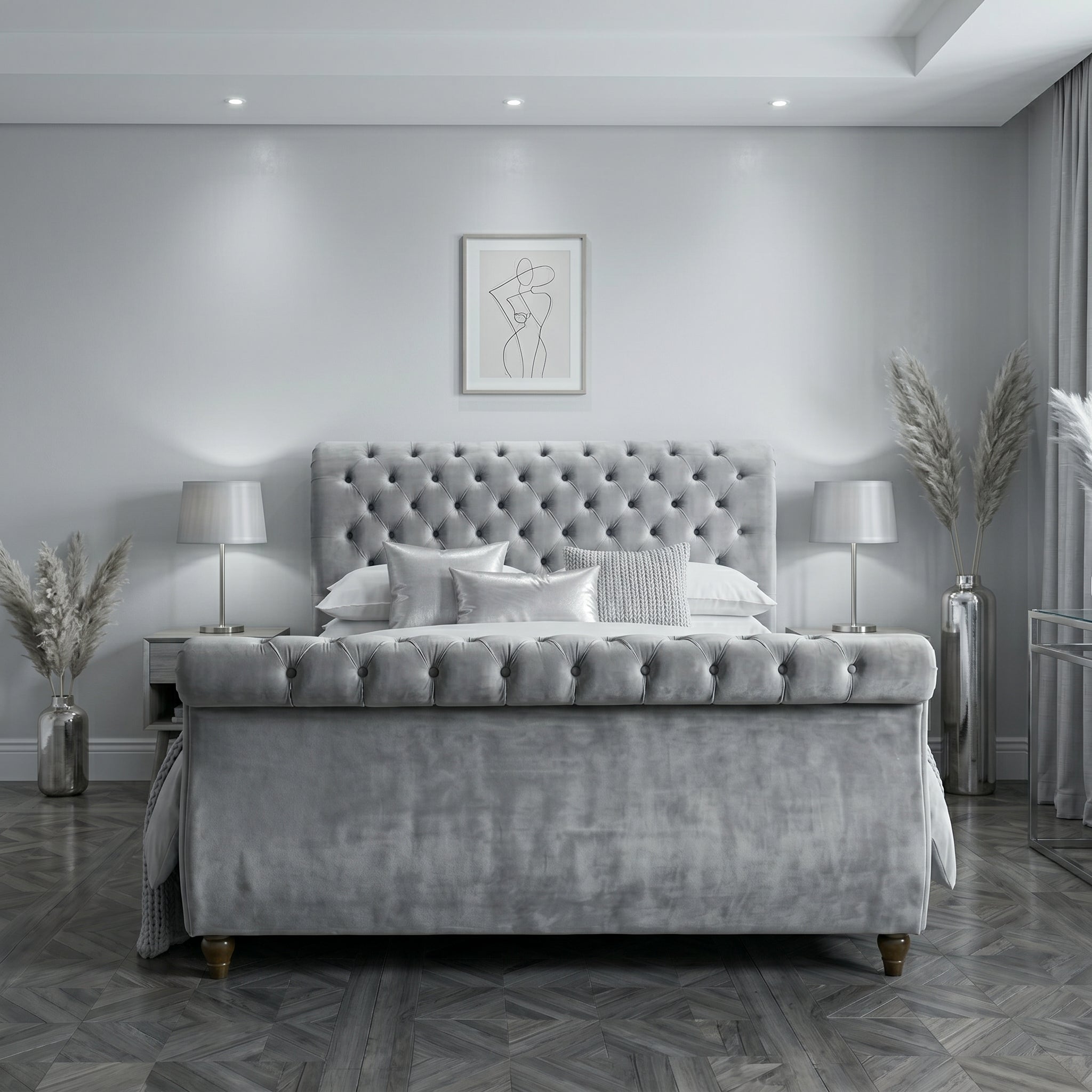 Blue Upholstered Sleigh Bed Frame