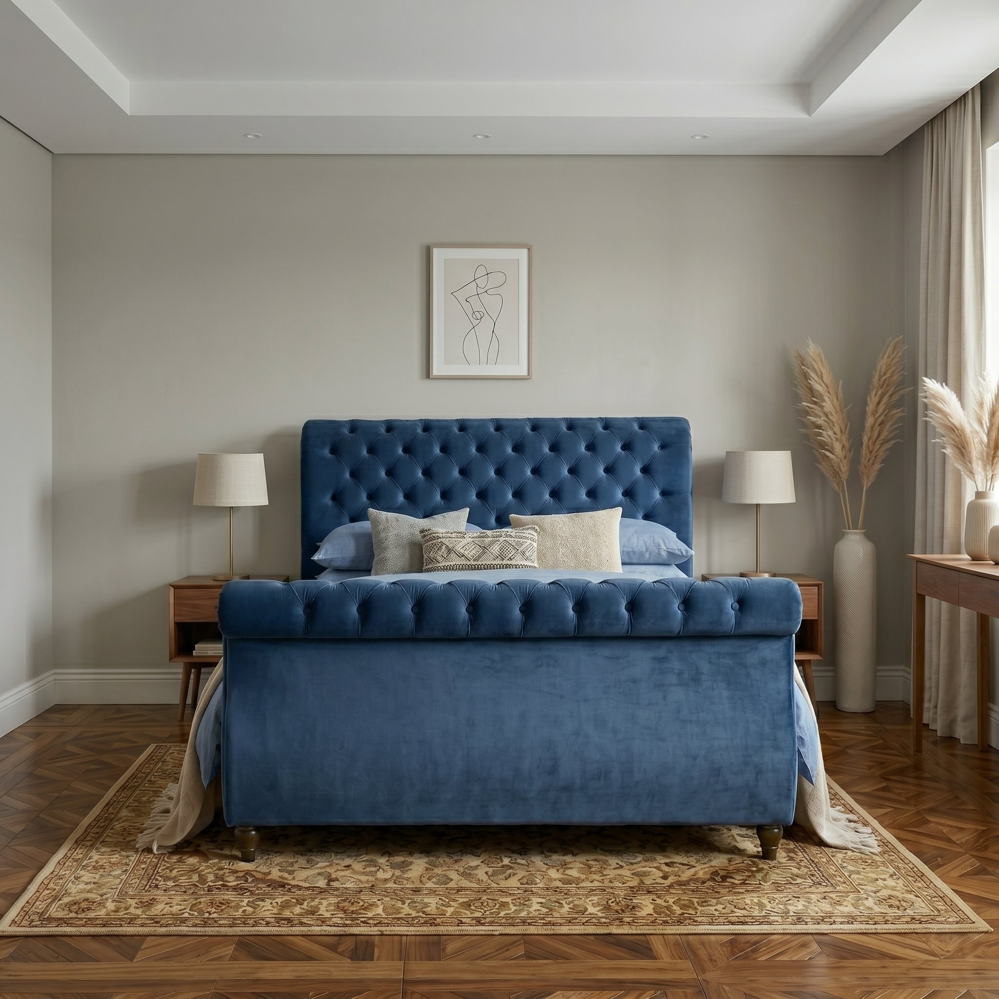 Blue Upholstered Sleigh Bed Frame