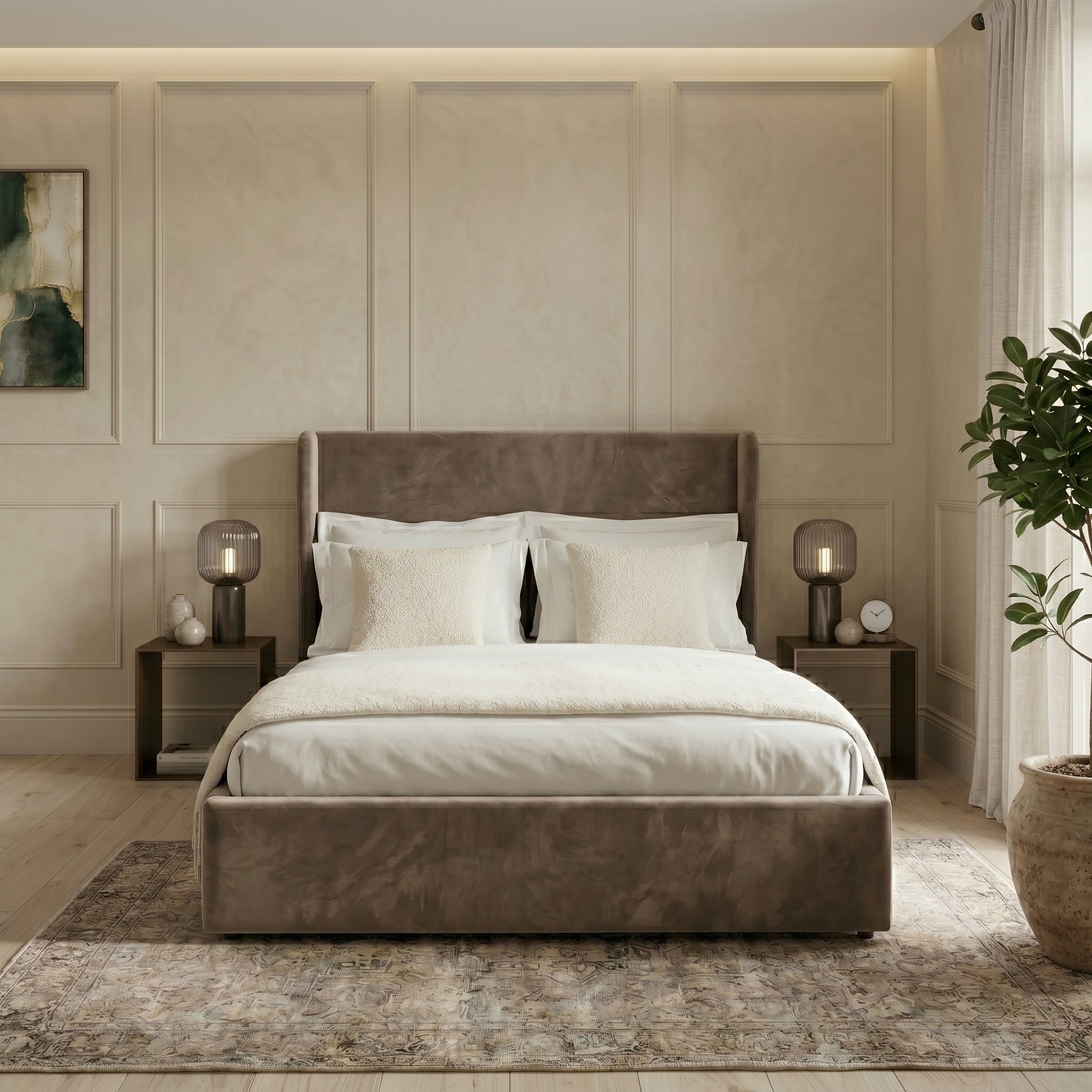 Plain Wingback Bed with Ottoman Storage