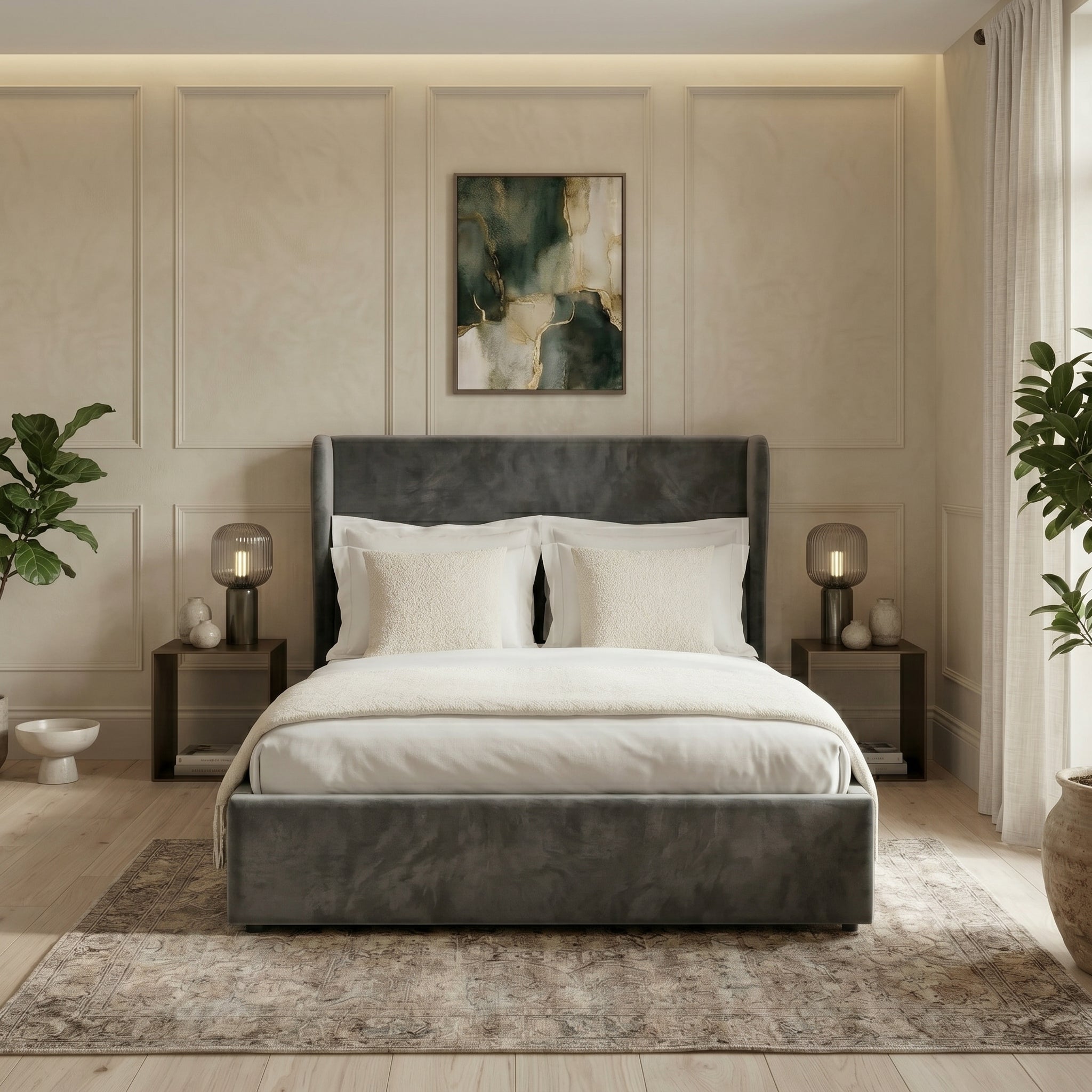 Plain Wingback Bed with Ottoman Storage