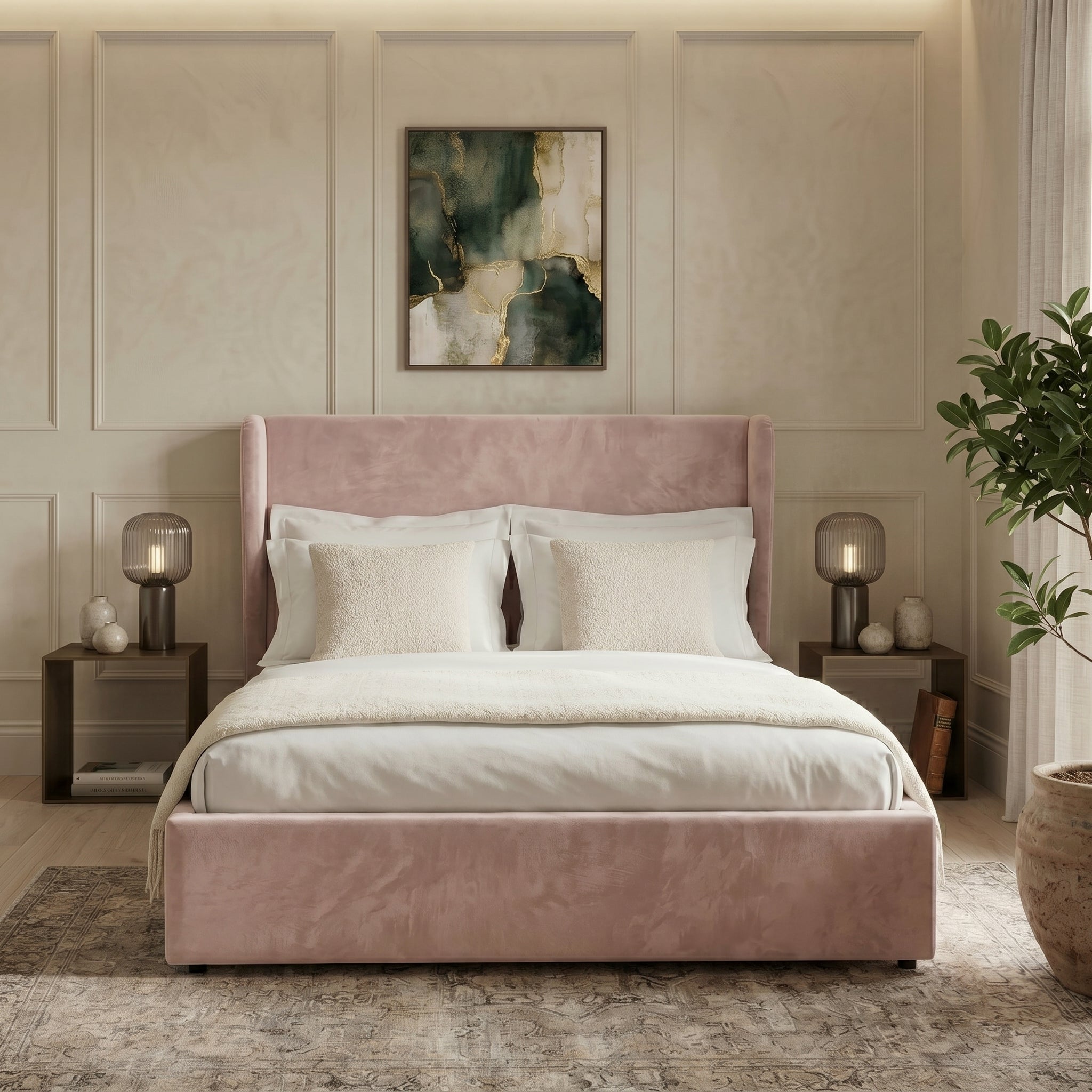 Plain Wingback Bed with Ottoman Storage