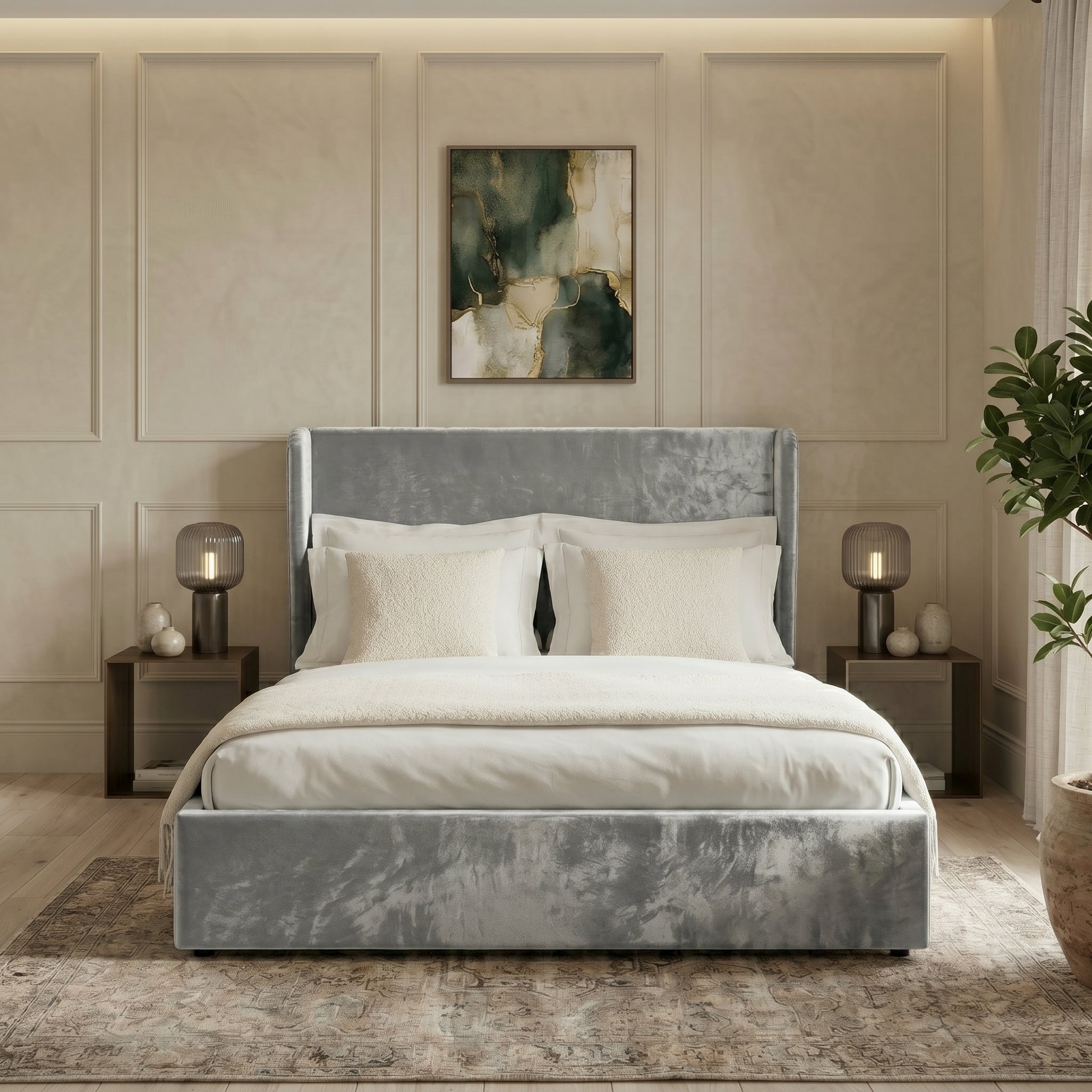 Plain Wingback Bed with Ottoman Storage