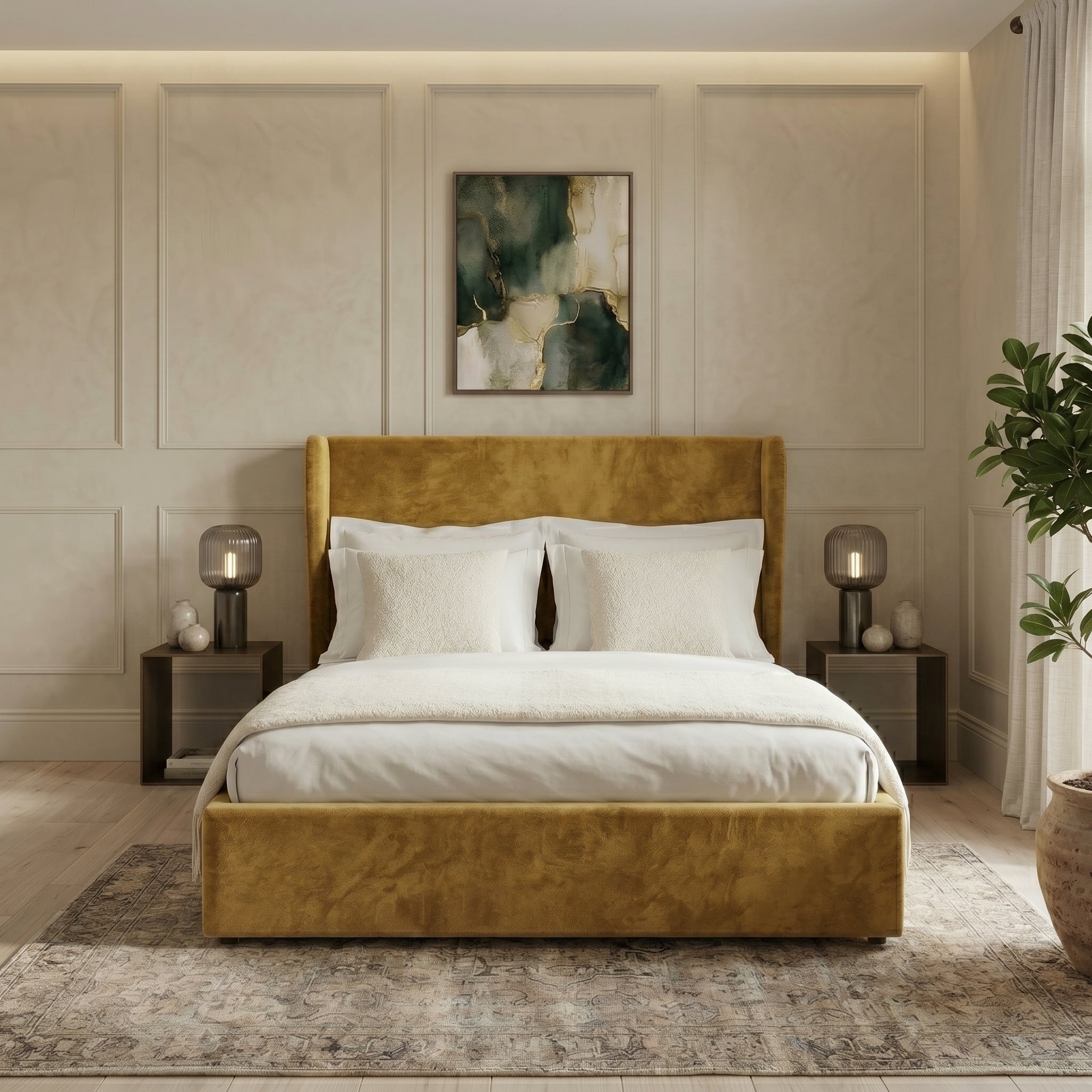 Plain Wingback Bed with Ottoman Storage