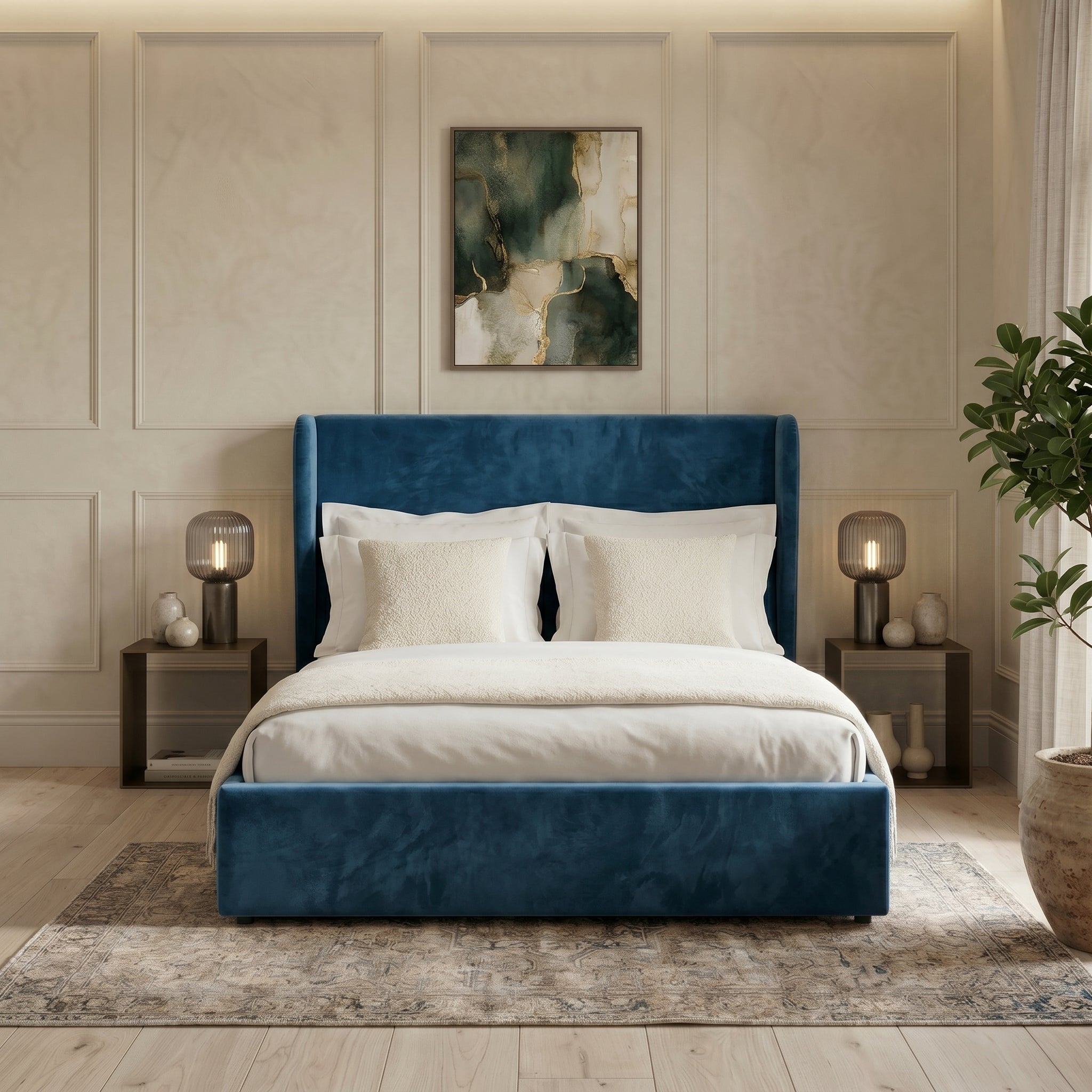 Plain Wingback Bed with Ottoman Storage