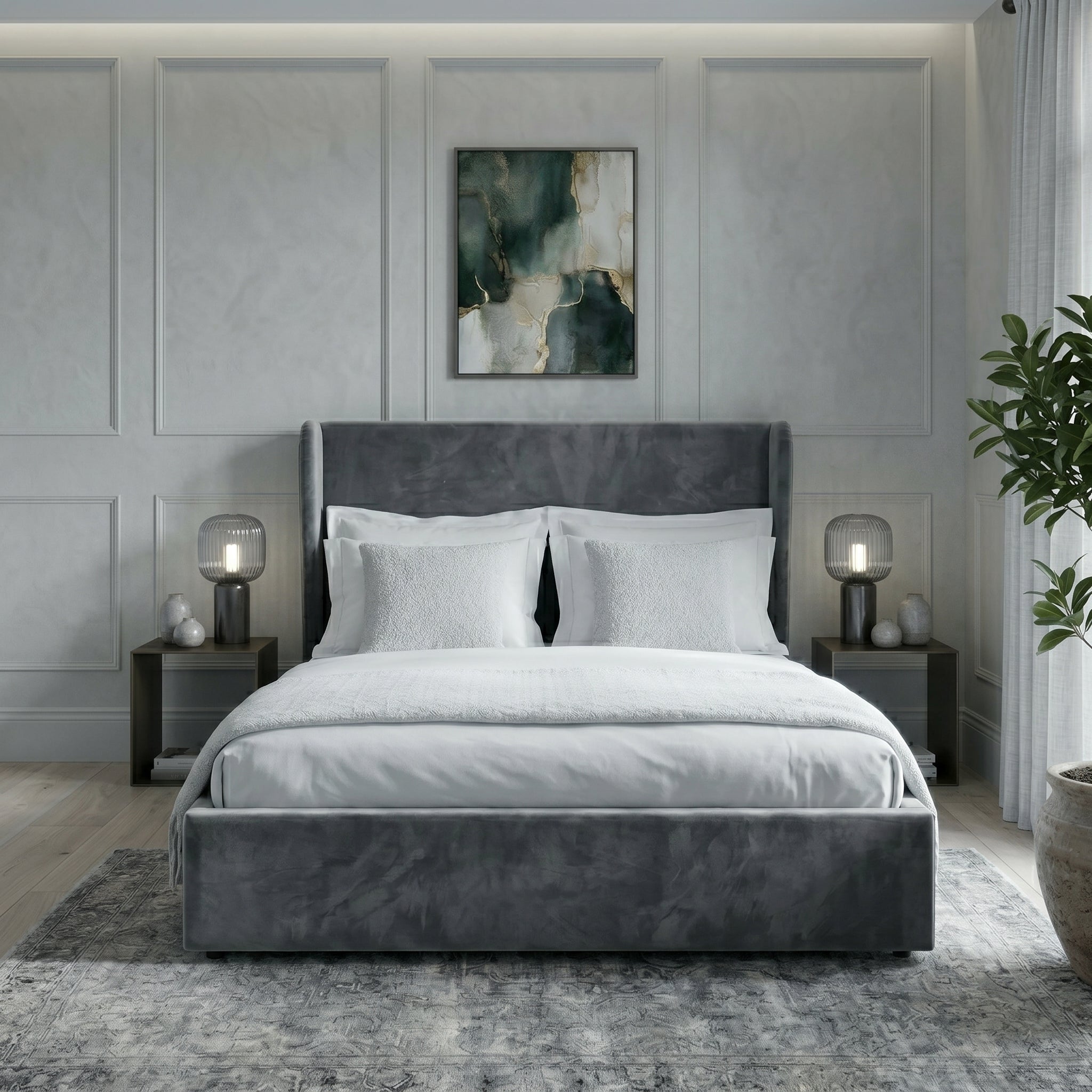 Plain Wingback Bed with Ottoman Storage
