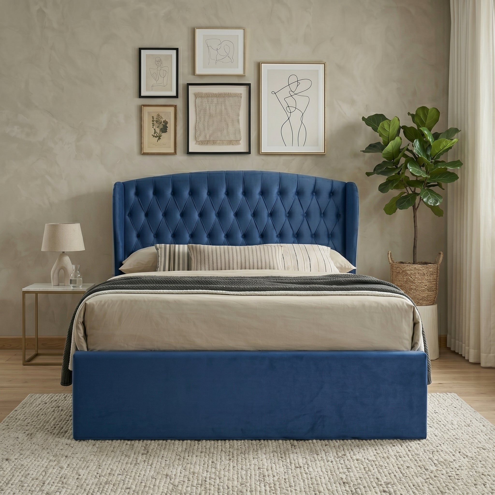 Elegant Blue Upholstered Ottoman Storage Bed