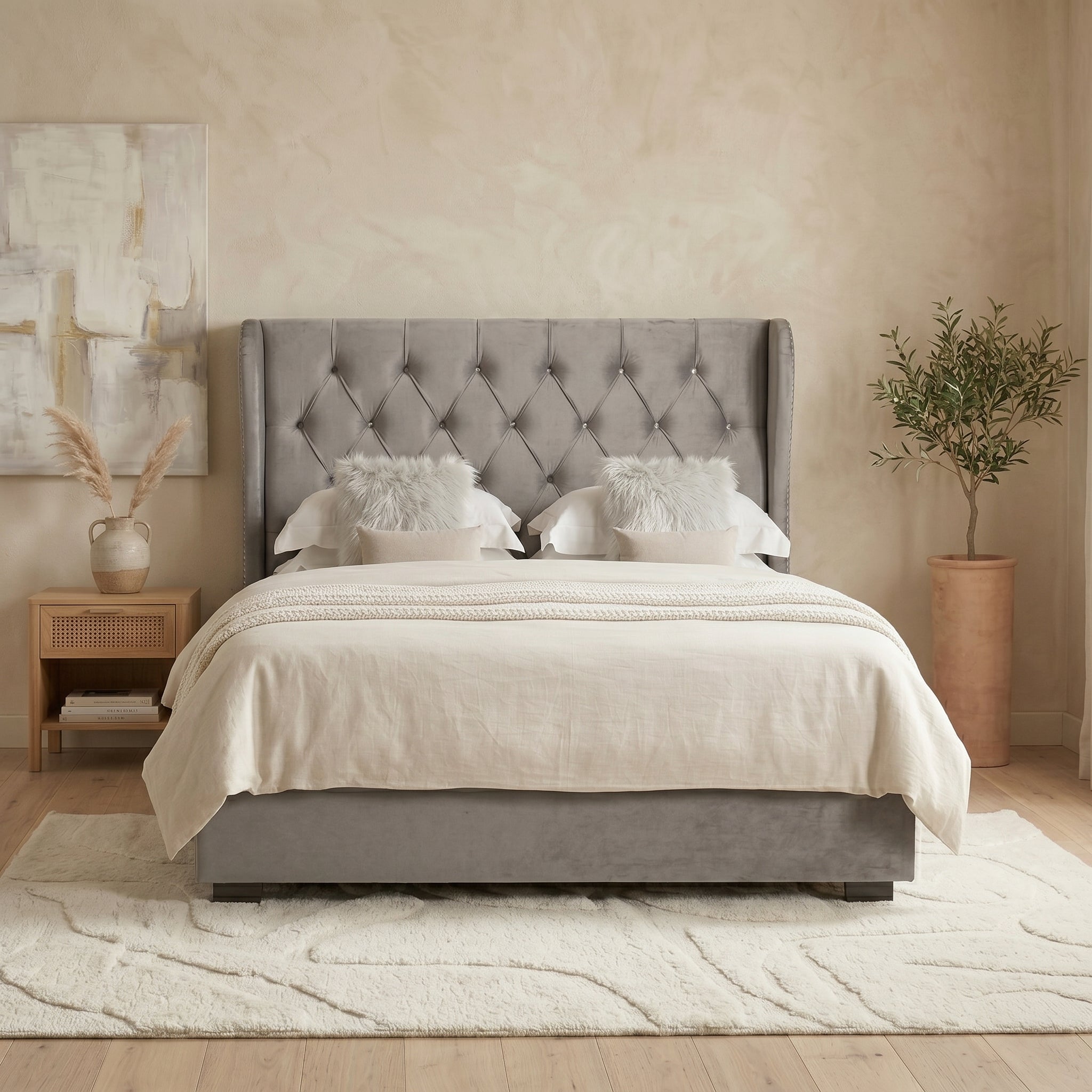 Ottoman Bed Frame with Diamante Wingback in Upholstery Pink Velvet