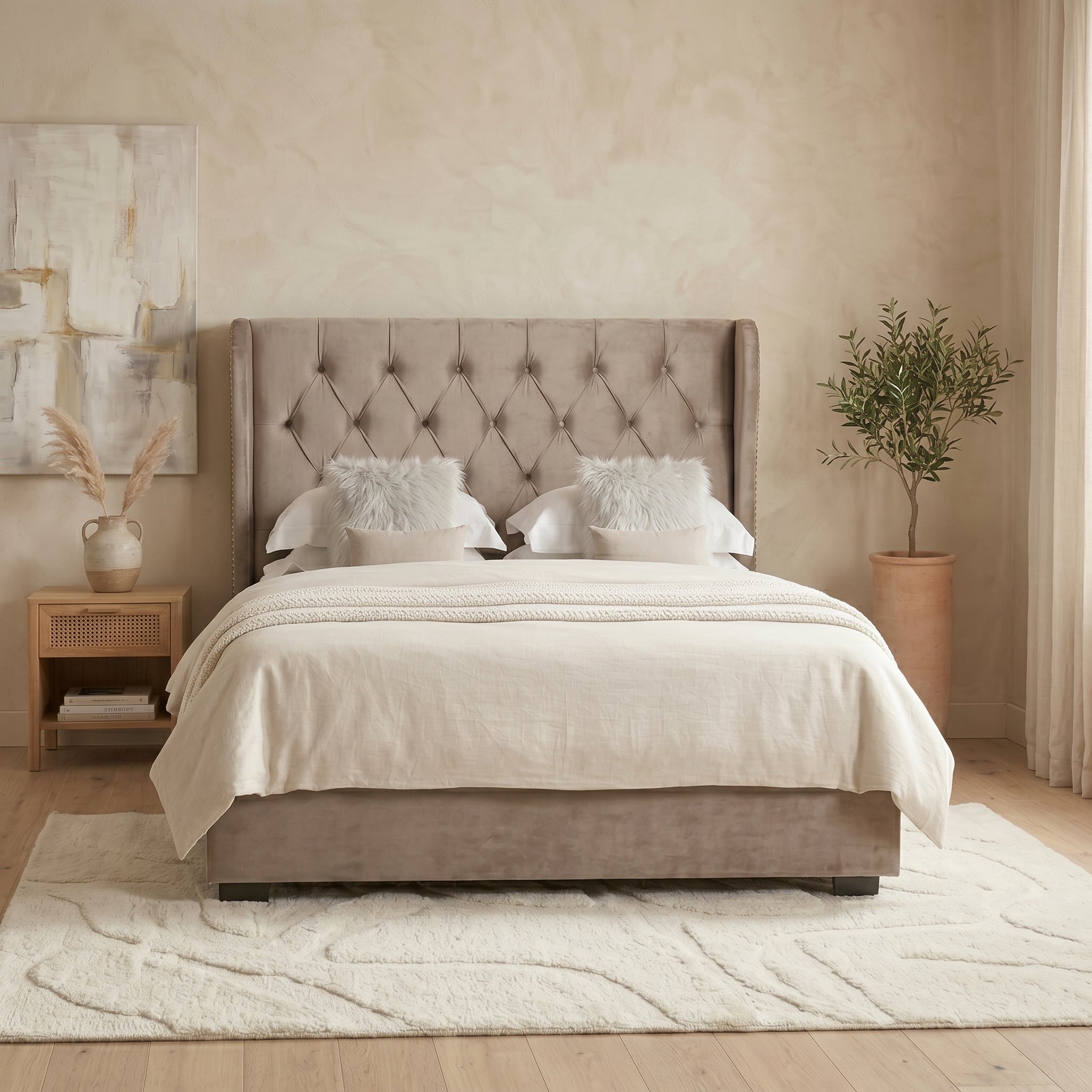 Ottoman Bed Frame with Diamante Wingback in Upholstery Pink Velvet