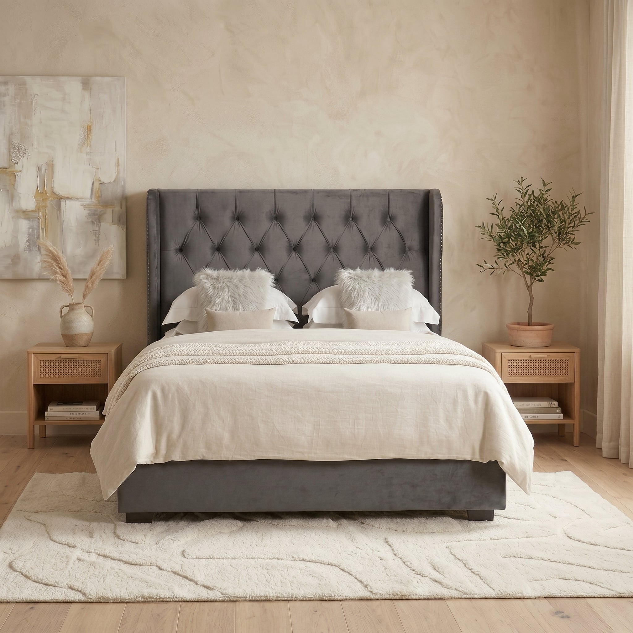 Ottoman Bed Frame with Diamante Wingback in Upholstery Pink Velvet