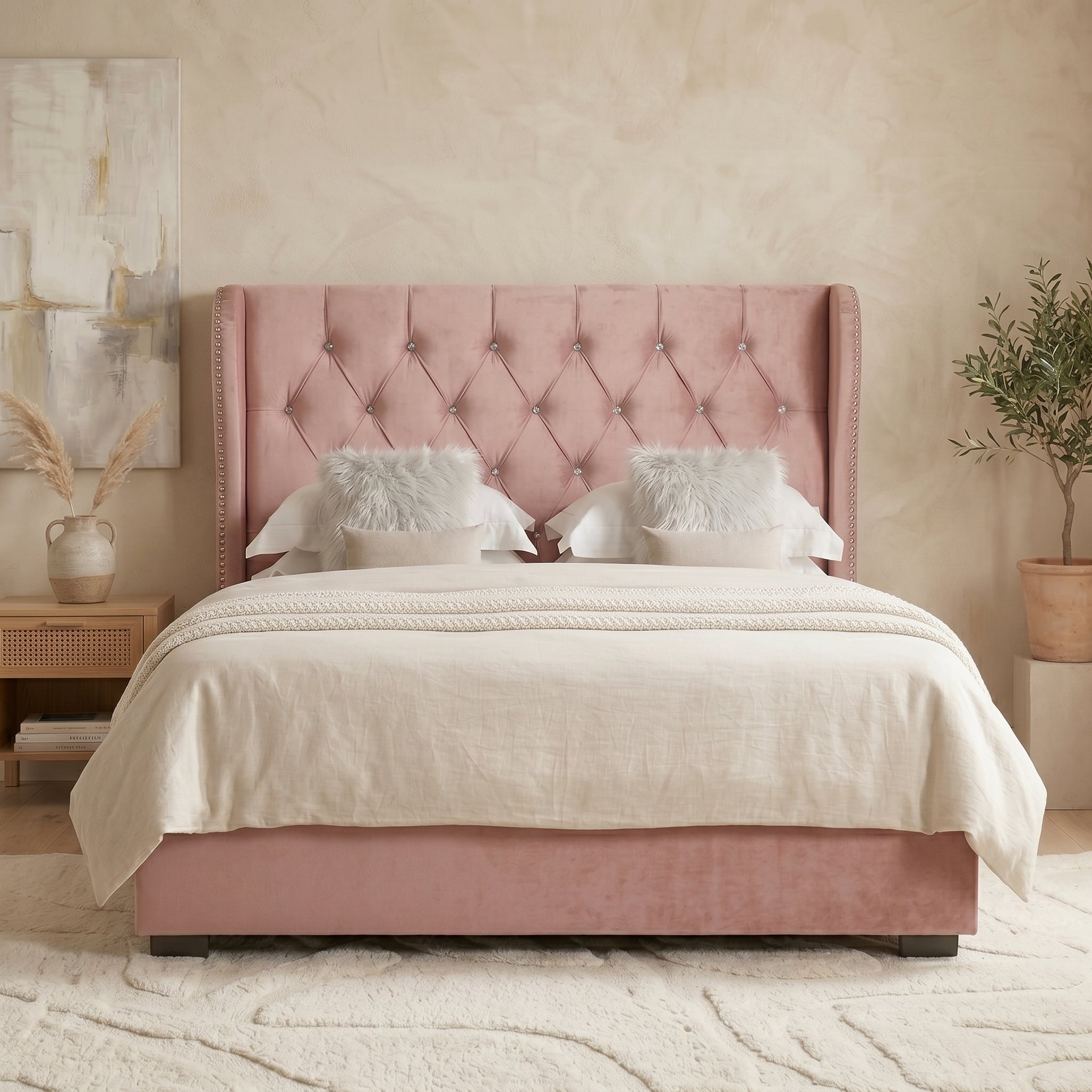 Ottoman Bed Frame with Diamante Wingback in Upholstery Pink Velvet