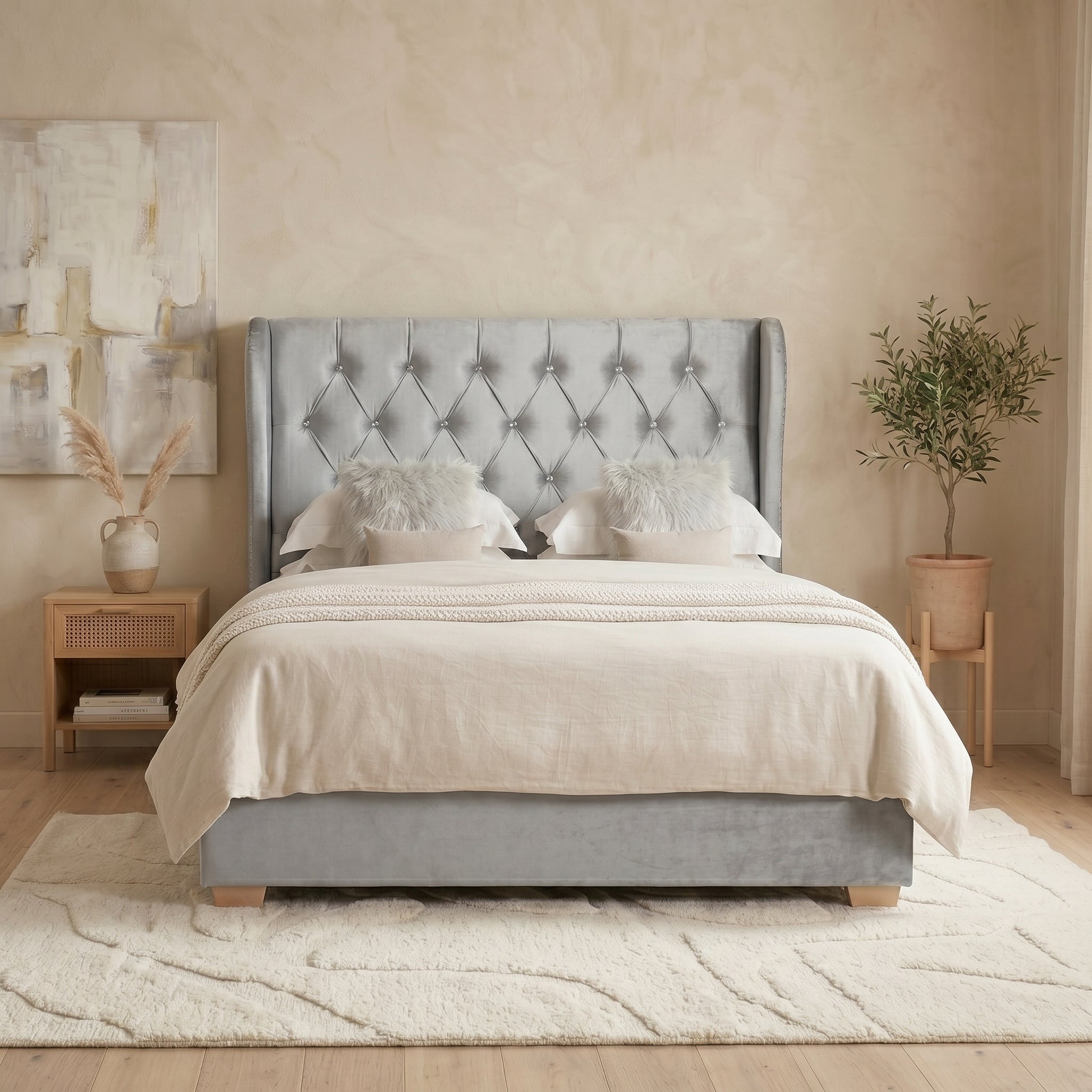 Ottoman Bed Frame with Diamante Wingback in Upholstery Pink Velvet