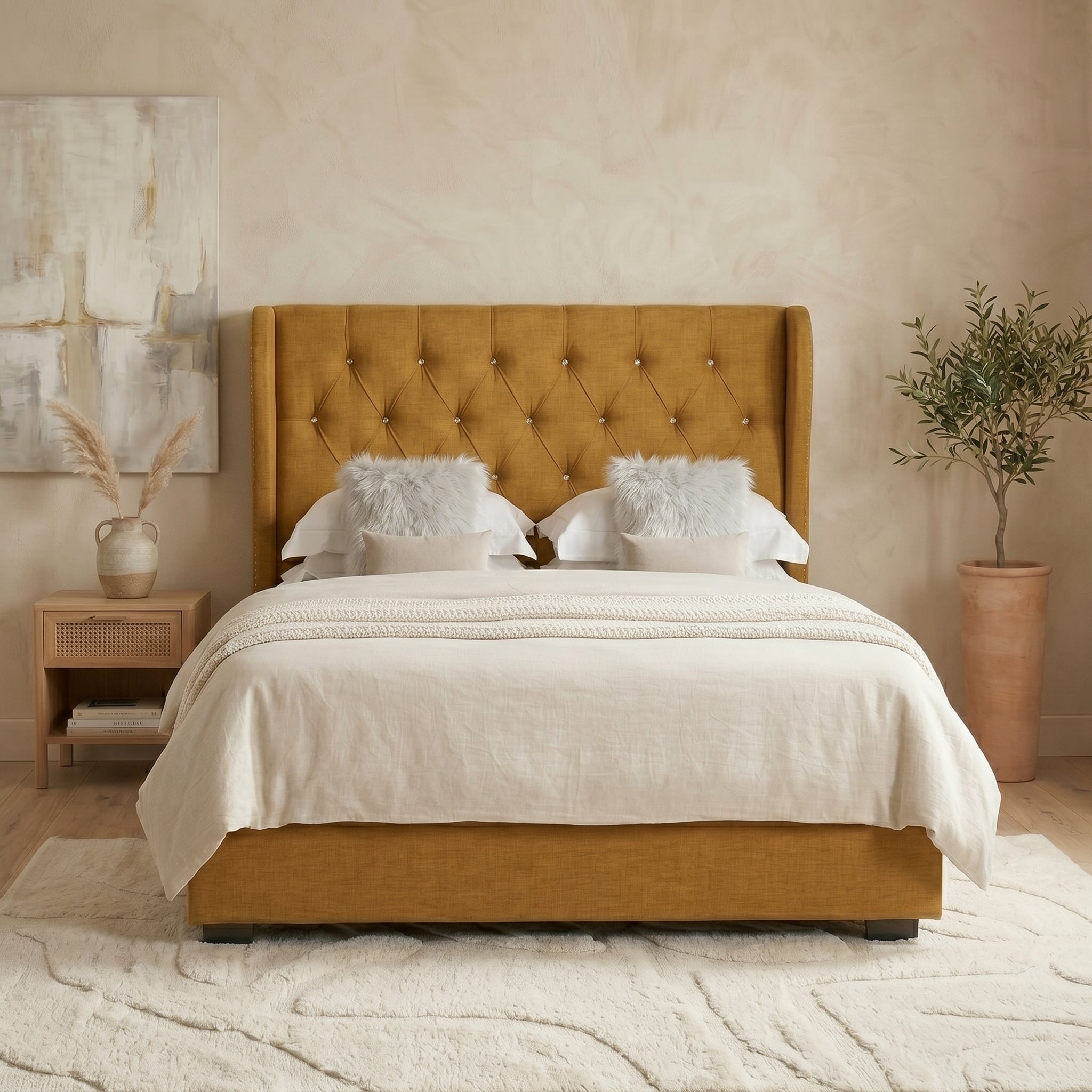 Ottoman Bed Frame with Diamante Wingback in Upholstery Pink Velvet