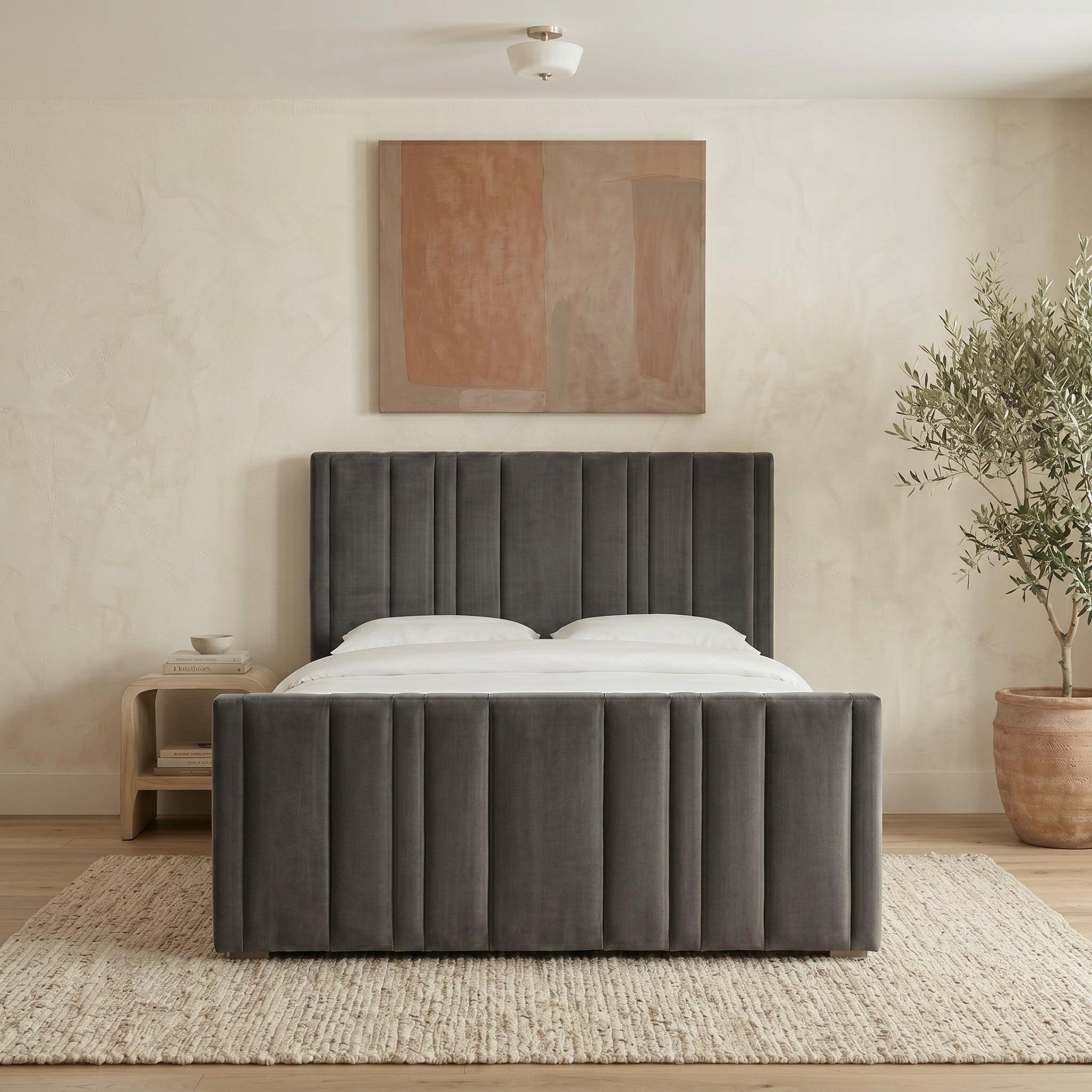 Upholstered Platform Bed with Vertical Channel Tufting
