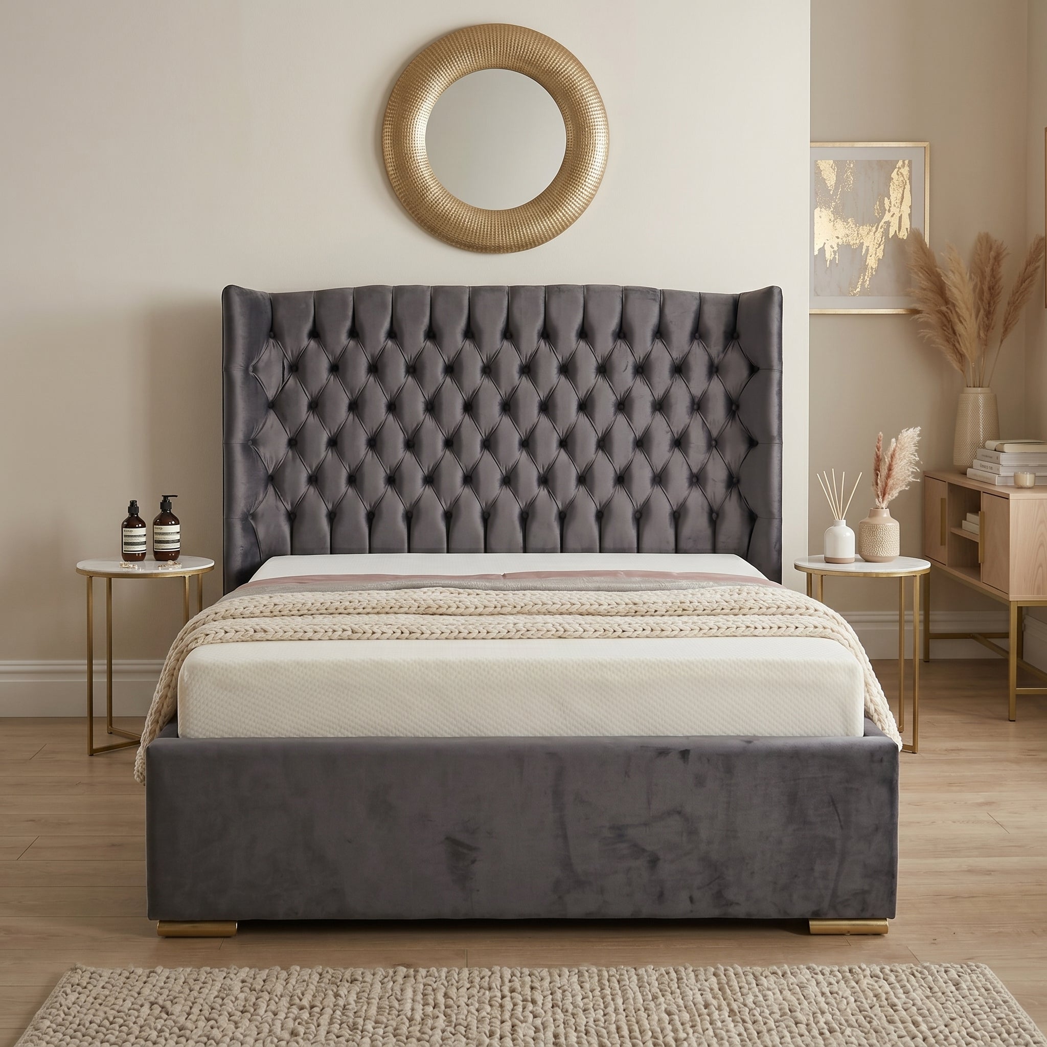 Orchid Upholstered Chesterfield Wing Bed Frame