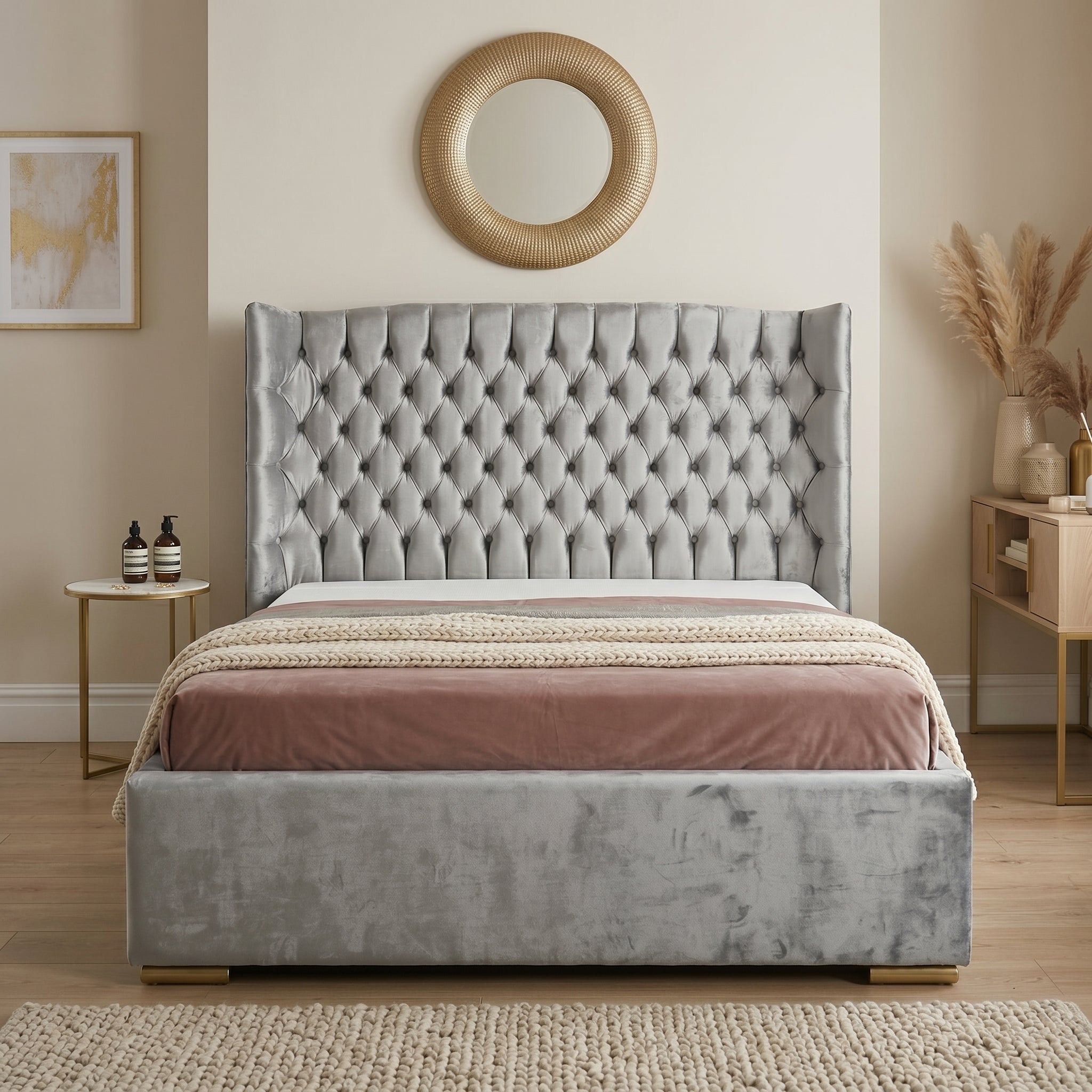 Orchid Upholstered Chesterfield Wing Bed Frame